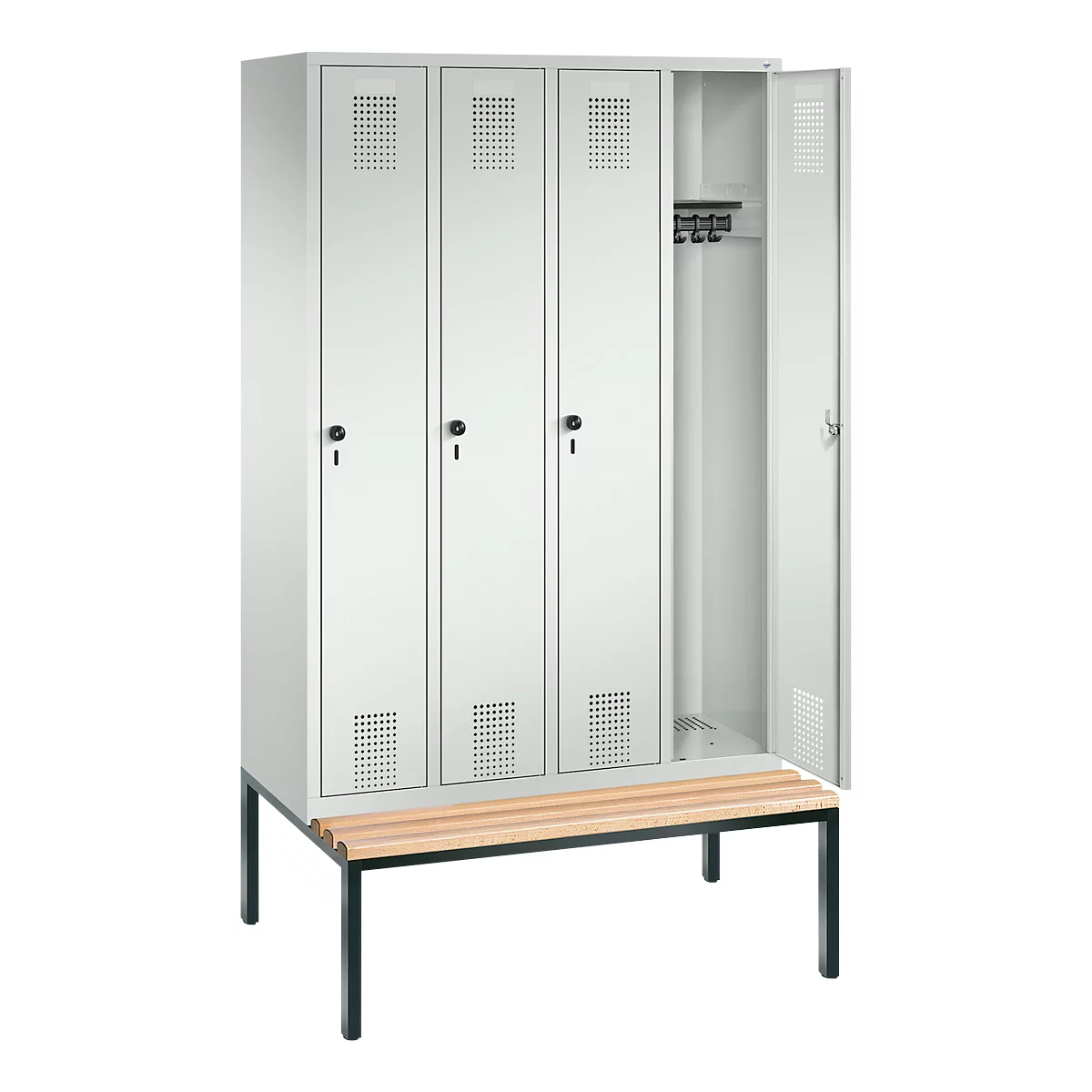 Vestiaire Evolo S 3000, acier, avec banc intégré, 4 compartiments, l. 300 mm chacun, serrure de sécurité à came batteuse, gris clair RAL 7035/gris clair RAL 7035