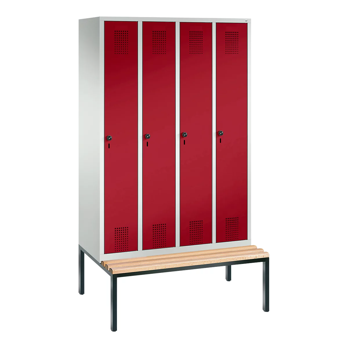 Vestiaire Evolo S 3000, acier, avec banc intégré, 4 compartiments, l. 300 mm chacun, serrure de sécurité à came batteuse, gris clair RAL 7035/rouge rubis RAL 3003