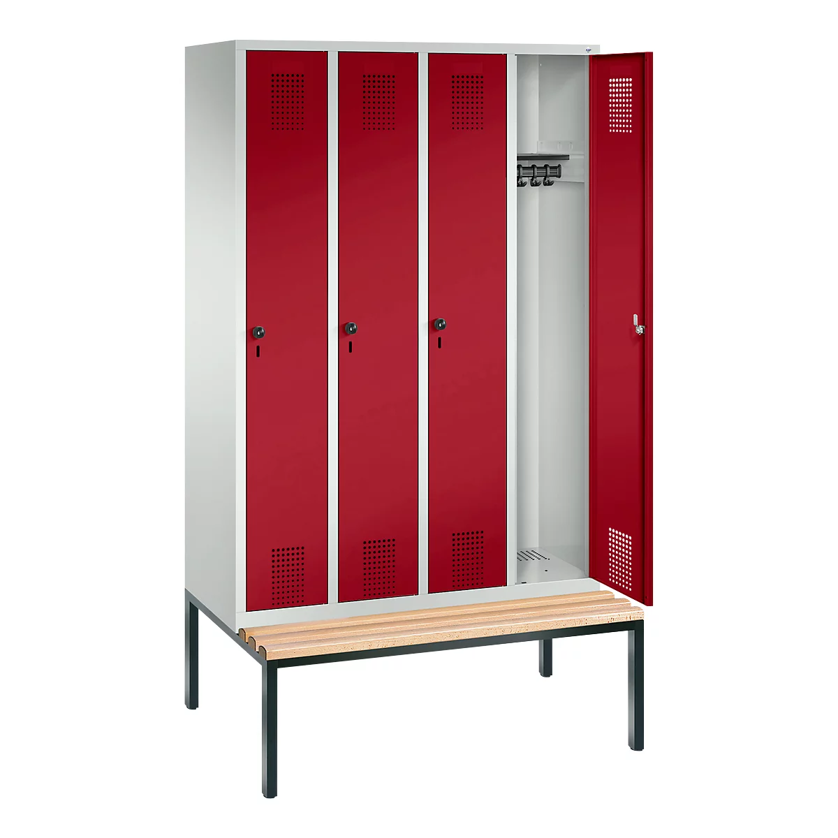 Vestiaire Evolo S 3000, acier, avec banc intégré, 4 compartiments, l. 300 mm chacun, serrure de sécurité à came batteuse, gris clair RAL 7035/rouge rubis RAL 3003