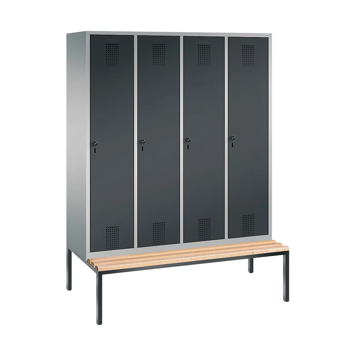 Vestiaire Evolo S 3000, acier, banc, 4 compartiments, l. 400 mm chacun, came batteuse, alu blanc RAL 9006/anthracite RAL 7016