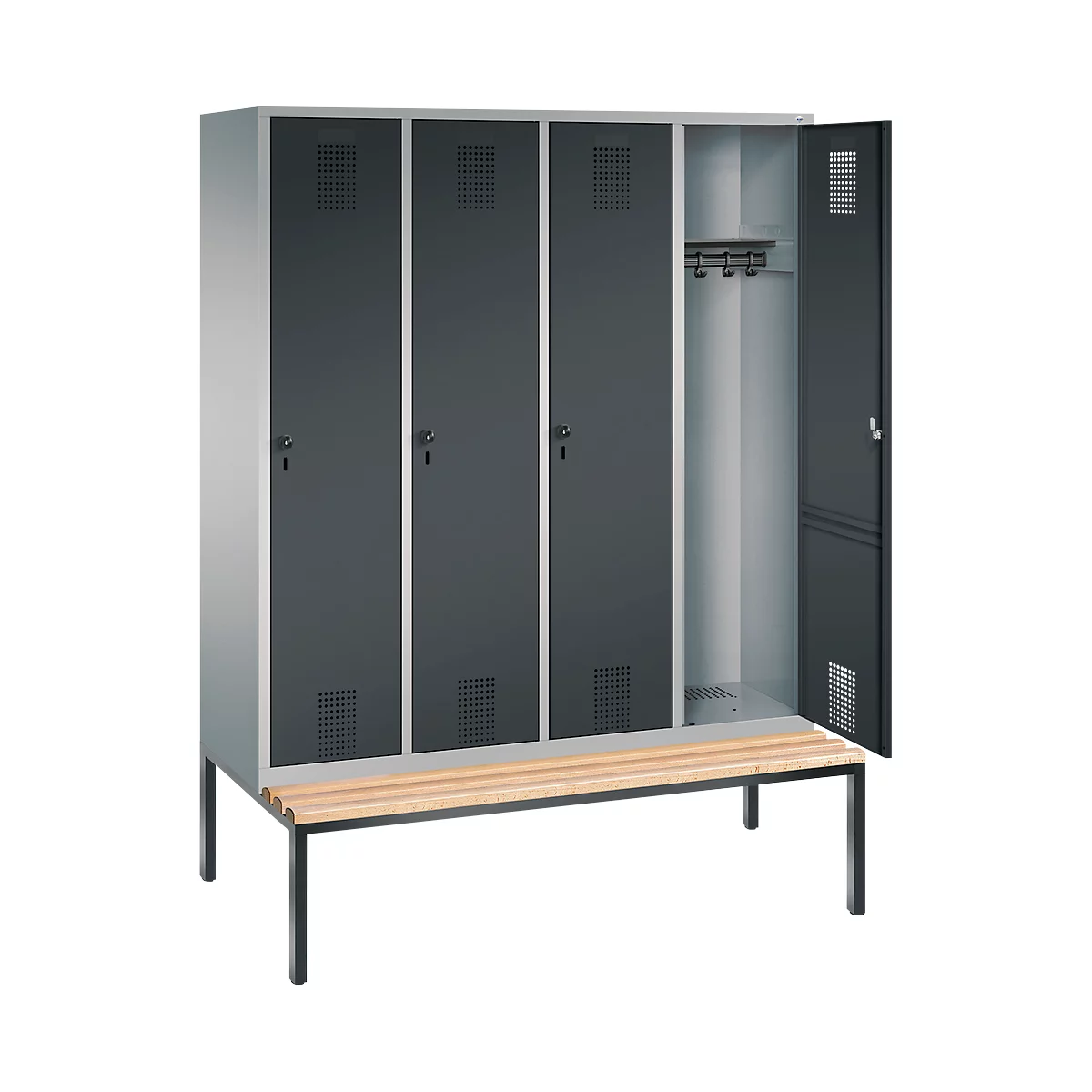 Vestiaire Evolo S 3000, acier, banc, 4 compartiments, l. 400 mm chacun, came batteuse, alu blanc RAL 9006/anthracite RAL 7016