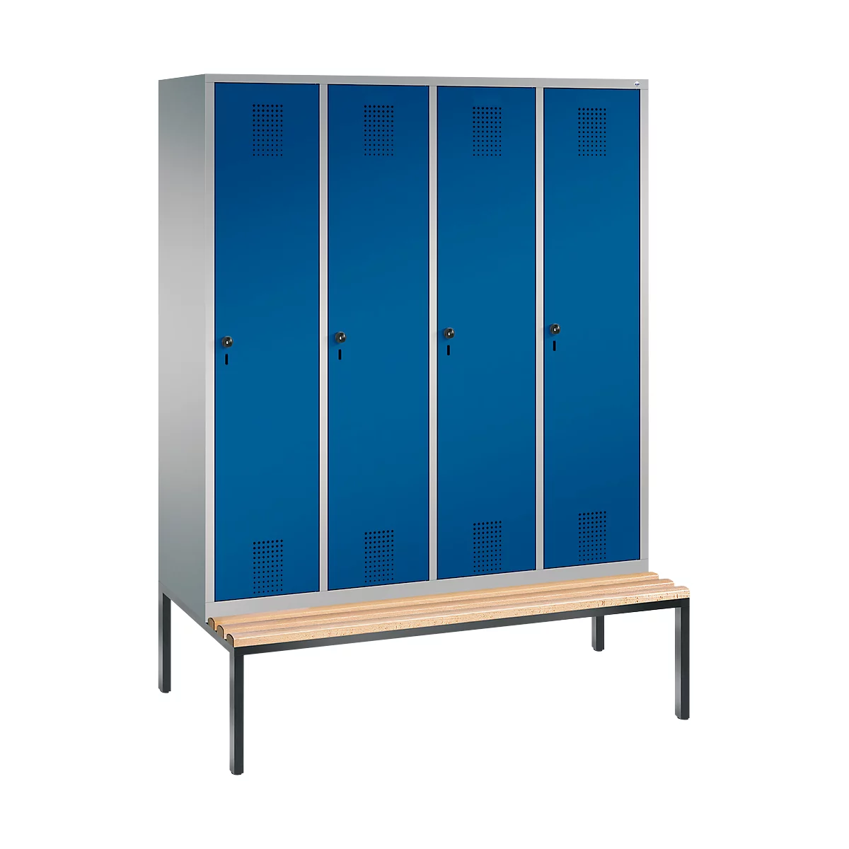 Vestiaire Evolo S 3000, acier, banc, 4 compartiments, l. 400 mm chacun, came batteuse, alu blanc RAL 9006/bleu gentiane RAL 5010