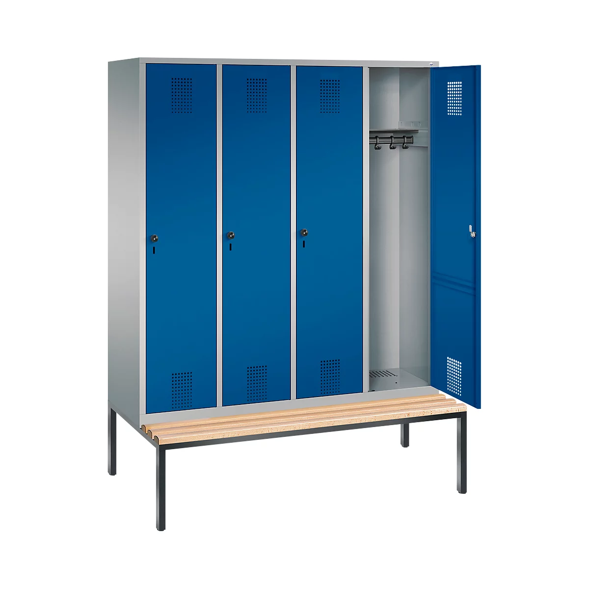 Vestiaire Evolo S 3000, acier, banc, 4 compartiments, l. 400 mm chacun, came batteuse, alu blanc RAL 9006/bleu gentiane RAL 5010
