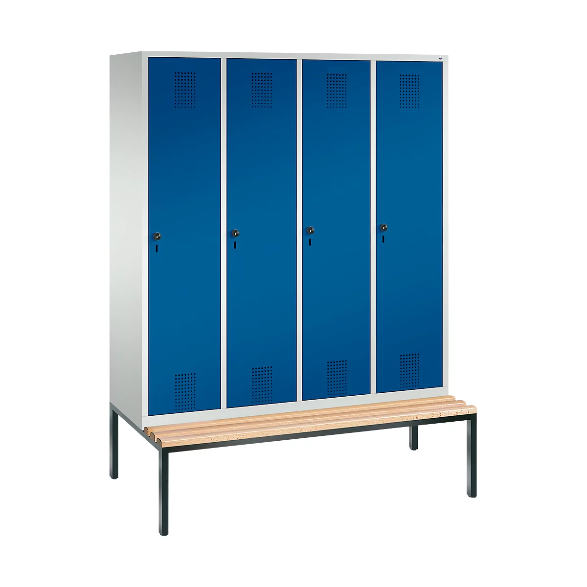 Vestiaire Evolo S 3000, acier, banc, 4 compartiments, l. 400 mm chacun, came batteuse, gris clair RAL 7035/bleu gentiane RAL 5010