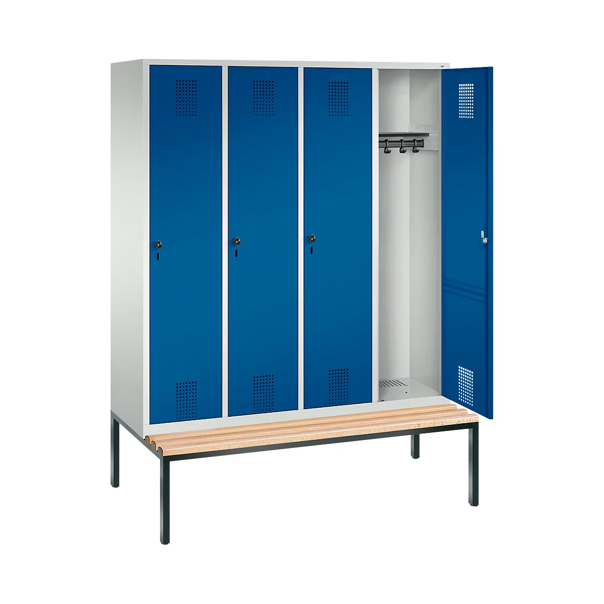 Vestiaire Evolo S 3000, acier, banc, 4 compartiments, l. 400 mm chacun, came batteuse, gris clair RAL 7035/bleu gentiane RAL 5010