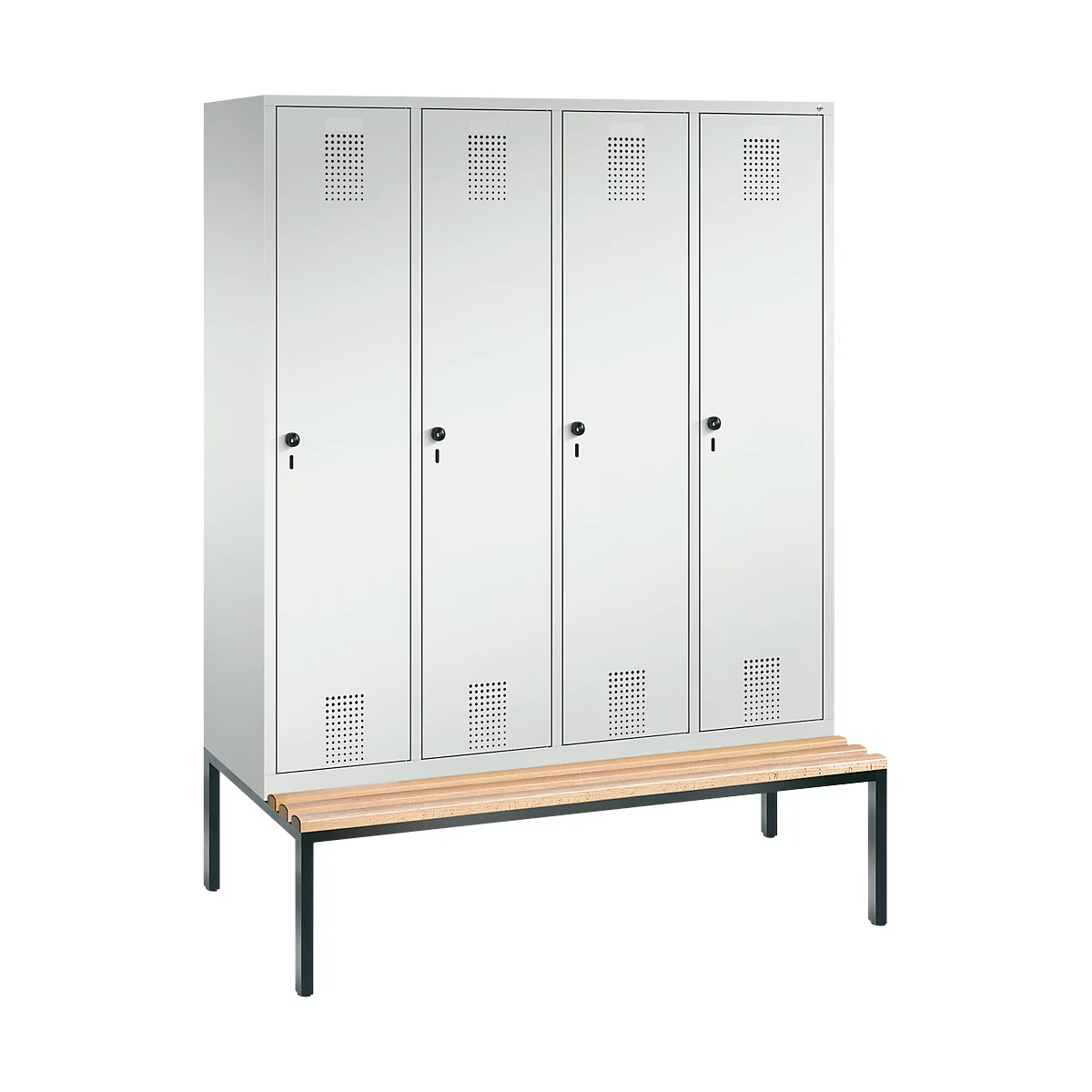 Vestiaire Evolo S 3000, acier, banc, 4 compartiments, l. 400 mm chacun, came batteuse, gris clair RAL 7035/gris clair RAL 7035