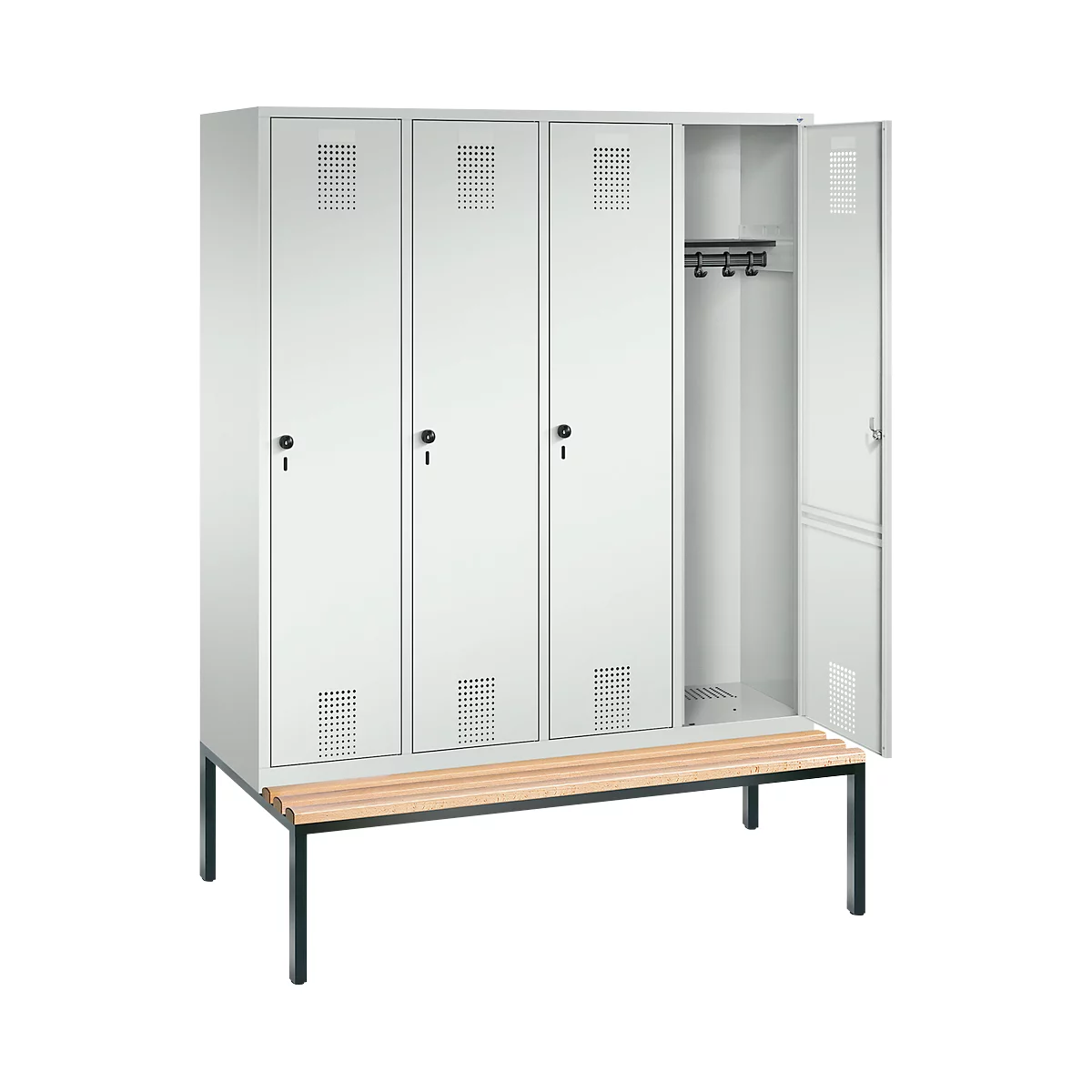Vestiaire Evolo S 3000, acier, banc, 4 compartiments, l. 400 mm chacun, came batteuse, gris clair RAL 7035/gris clair RAL 7035