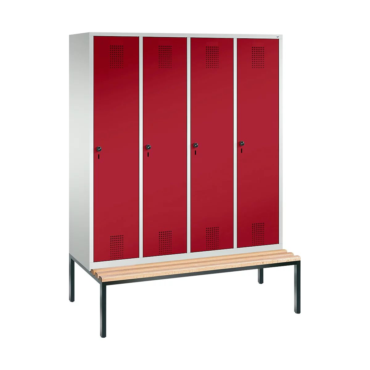 Vestiaire Evolo S 3000, acier, banc, 4 compartiments, l. 400 mm chacun, came batteuse, gris clair RAL 7035/rouge rubis RAL 3003