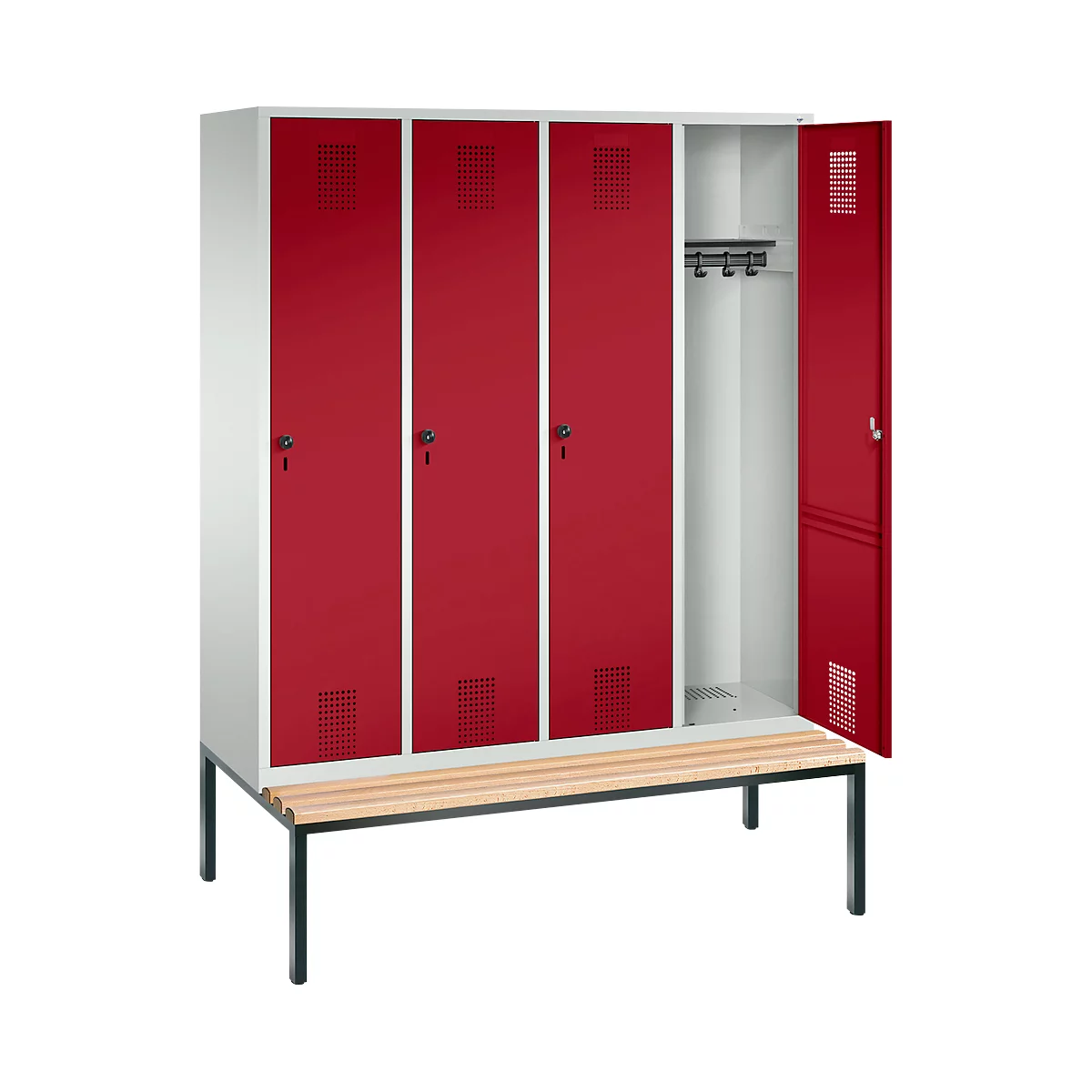 Vestiaire Evolo S 3000, acier, banc, 4 compartiments, l. 400 mm chacun, came batteuse, gris clair RAL 7035/rouge rubis RAL 3003