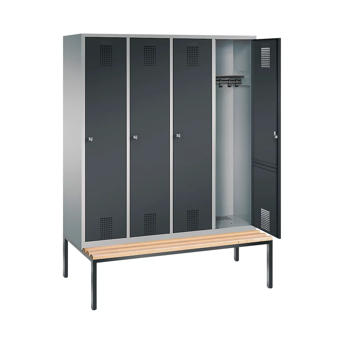 Vestiaire Evolo S 3000, acier, banc, 4 compartiments, l. 400 mm chacun, serrure à cylindre, alu blanc RAL 9006/anthracite RAL 7016