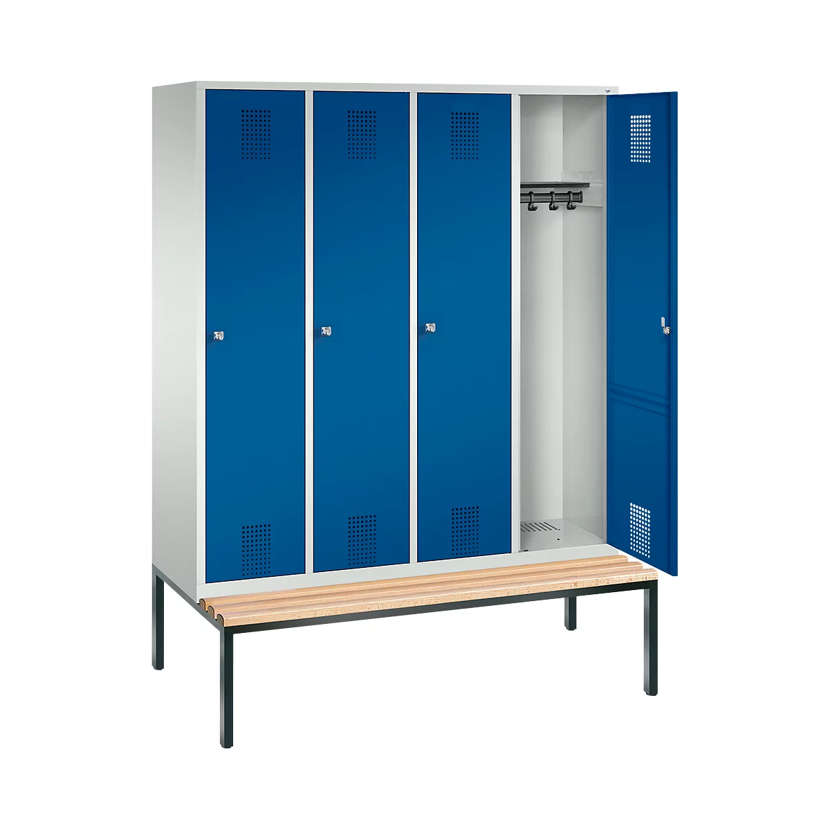 Vestiaire Evolo S 3000, acier, banc, 4 compartiments, l. 400 mm chacun, serrure à cylindre, gris clair RAL 7035/bleu gentiane RAL 5010