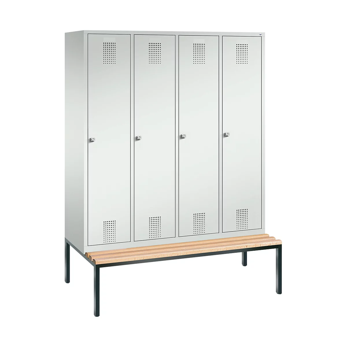 Vestiaire Evolo S 3000, acier, banc, 4 compartiments, l. 400 mm chacun, serrure à cylindre, gris clair RAL 7035/gris clair RAL 7035