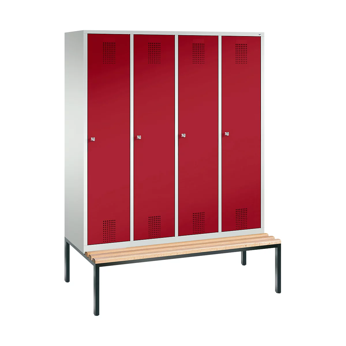 Vestiaire Evolo S 3000, acier, banc, 4 compartiments, l. 400 mm chacun, serrure à cylindre, gris clair RAL 7035/rouge rubis RAL 3003