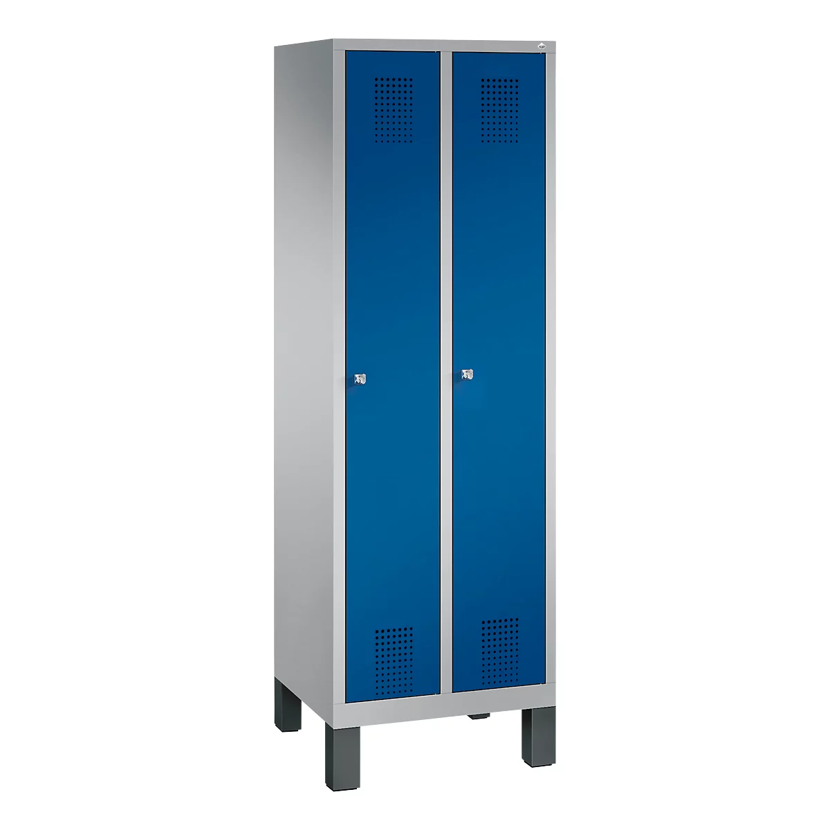 Vestiaire Evolo S 3000, acier, sur pieds, 2 compartiments, l. 300 mm chacun, serrure à cylindre, alu blanc RAL 9006/bleu gentiane RAL 5010