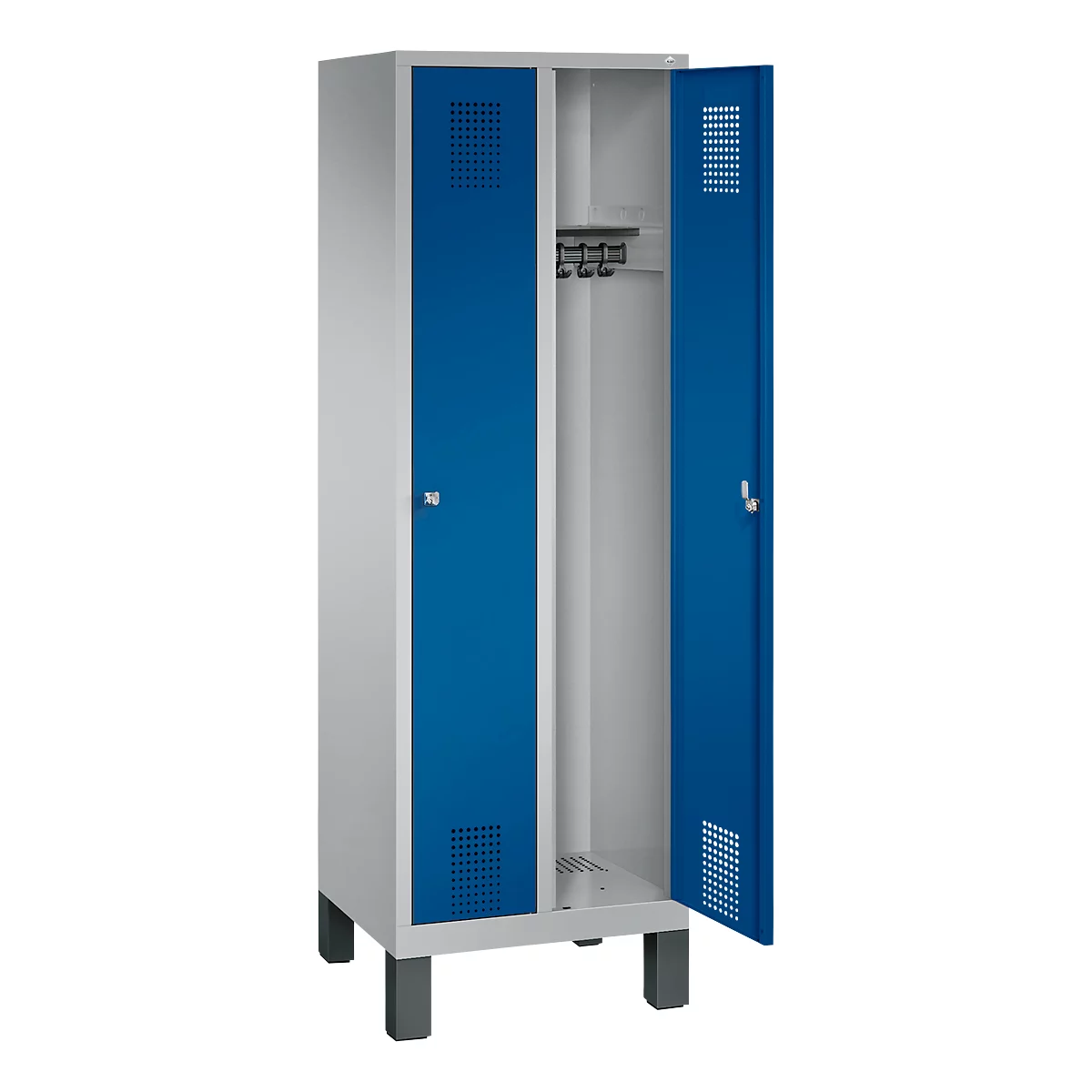 Vestiaire Evolo S 3000, acier, sur pieds, 2 compartiments, l. 300 mm chacun, serrure à cylindre, alu blanc RAL 9006/bleu gentiane RAL 5010