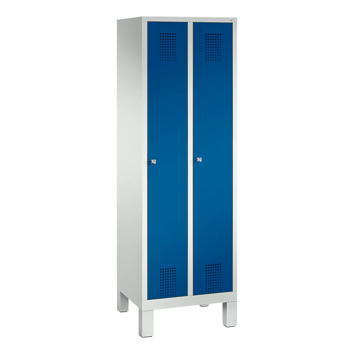 Vestiaire Evolo S 3000, acier, sur pieds, 2 compartiments, l. 300 mm chacun, serrure à cylindre, gris clair RAL 7035/bleu gentiane RAL 5010
