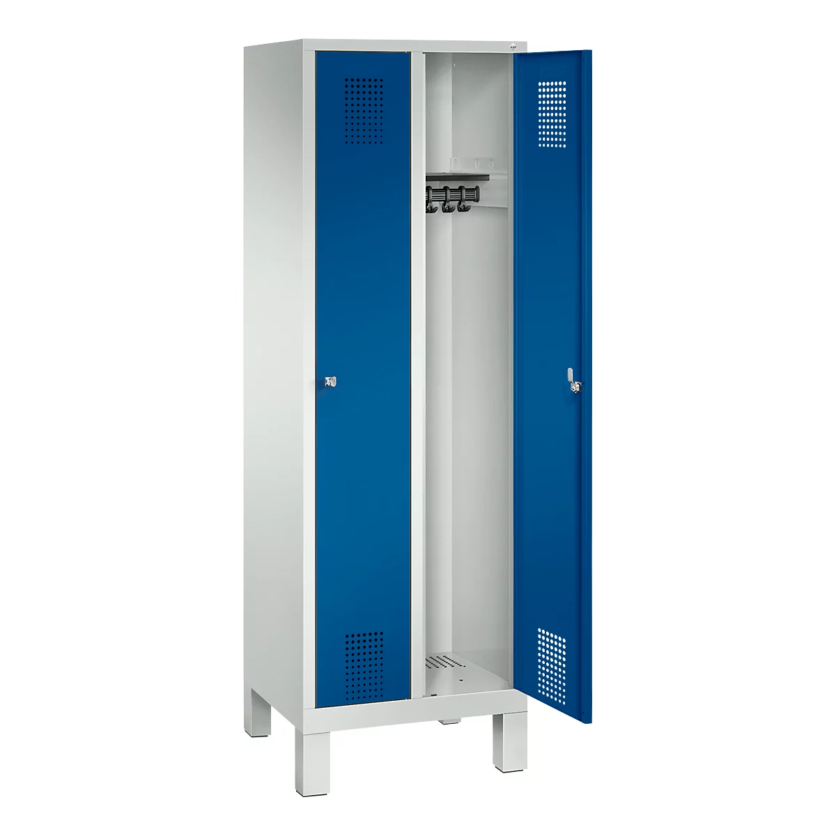 Vestiaire Evolo S 3000, acier, sur pieds, 2 compartiments, l. 300 mm chacun, serrure à cylindre, gris clair RAL 7035/bleu gentiane RAL 5010