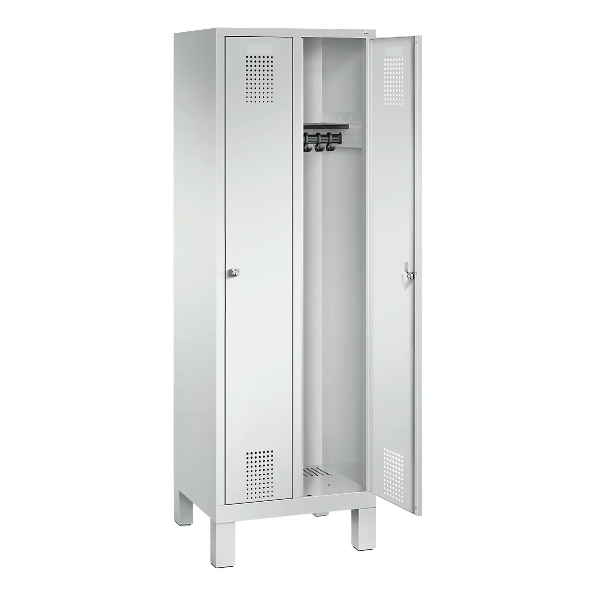 Vestiaire Evolo S 3000, acier, sur pieds, 2 compartiments, l. 300 mm chacun, serrure à cylindre, gris clair RAL 7035/gris clair RAL 7035