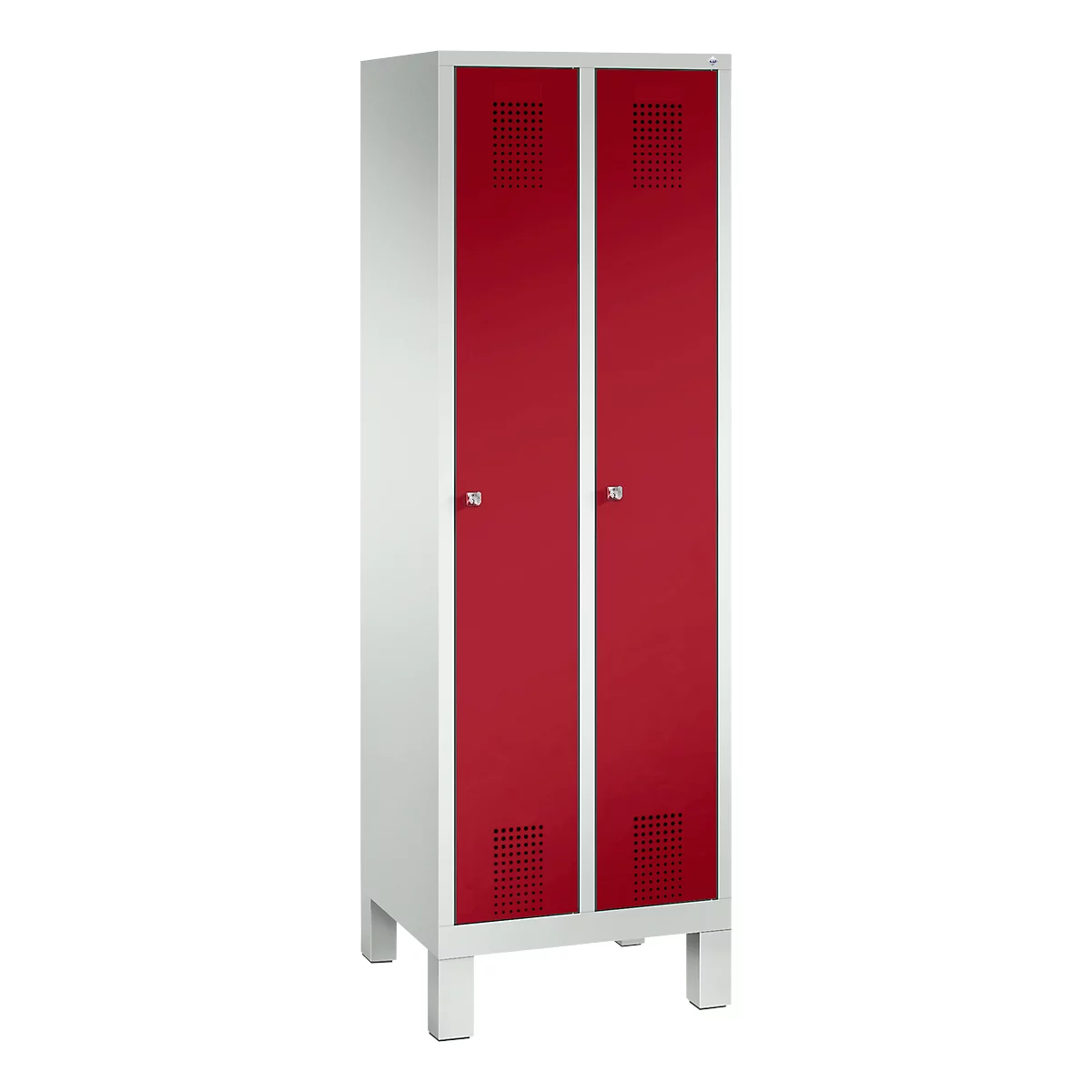Vestiaire Evolo S 3000, acier, sur pieds, 2 compartiments, l. 300 mm chacun, serrure à cylindre, gris clair RAL 7035/rouge rubis RAL 3003