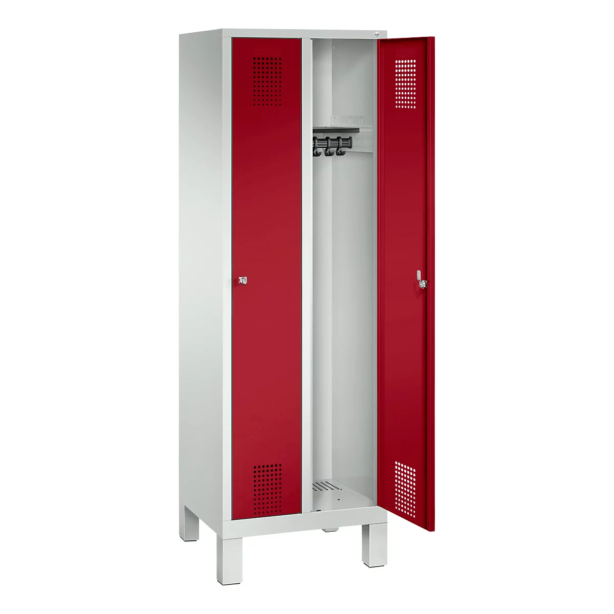 Vestiaire Evolo S 3000, acier, sur pieds, 2 compartiments, l. 300 mm chacun, serrure à cylindre, gris clair RAL 7035/rouge rubis RAL 3003