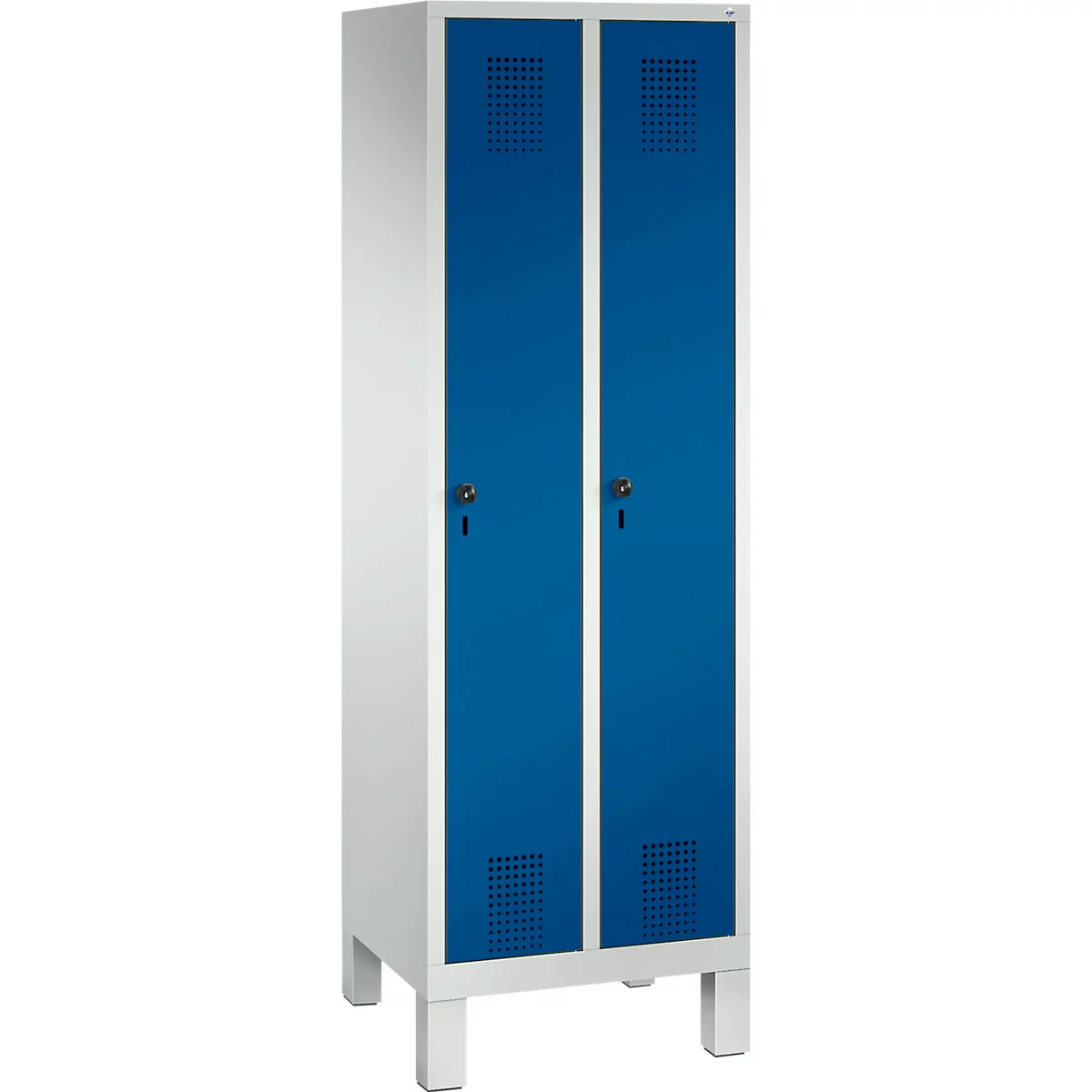 Vestiaire Evolo S 3000, acier, sur pieds, 2 compartiments, l. 300 mm chacun, serrure de sécurité à came batteuse, gris clair RAL 7035/bleu gentiane RAL 5010