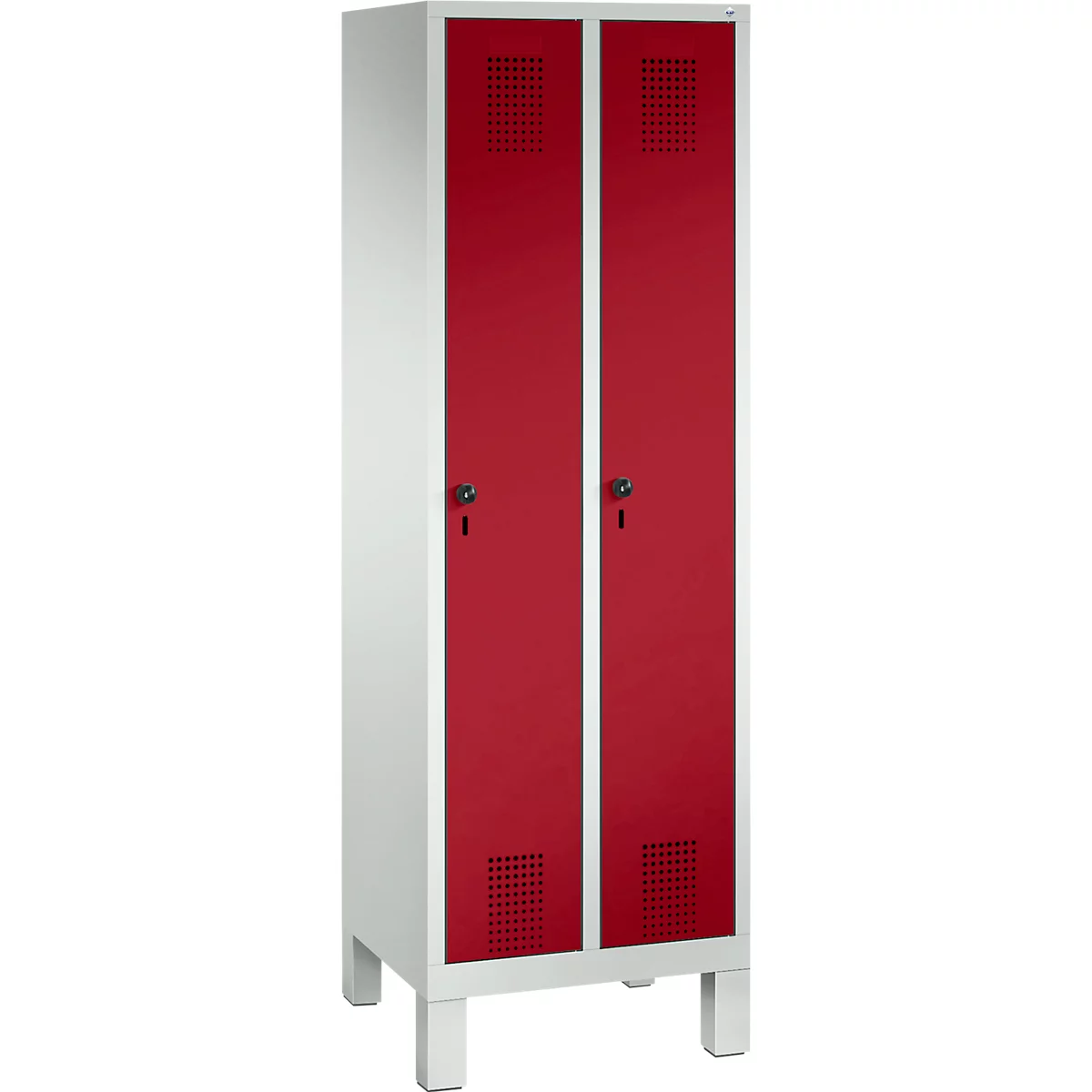Vestiaire Evolo S 3000, acier, sur pieds, 2 compartiments, l. 300 mm chacun, serrure de sécurité à came batteuse, gris clair RAL 7035/rouge rubis RAL 3003