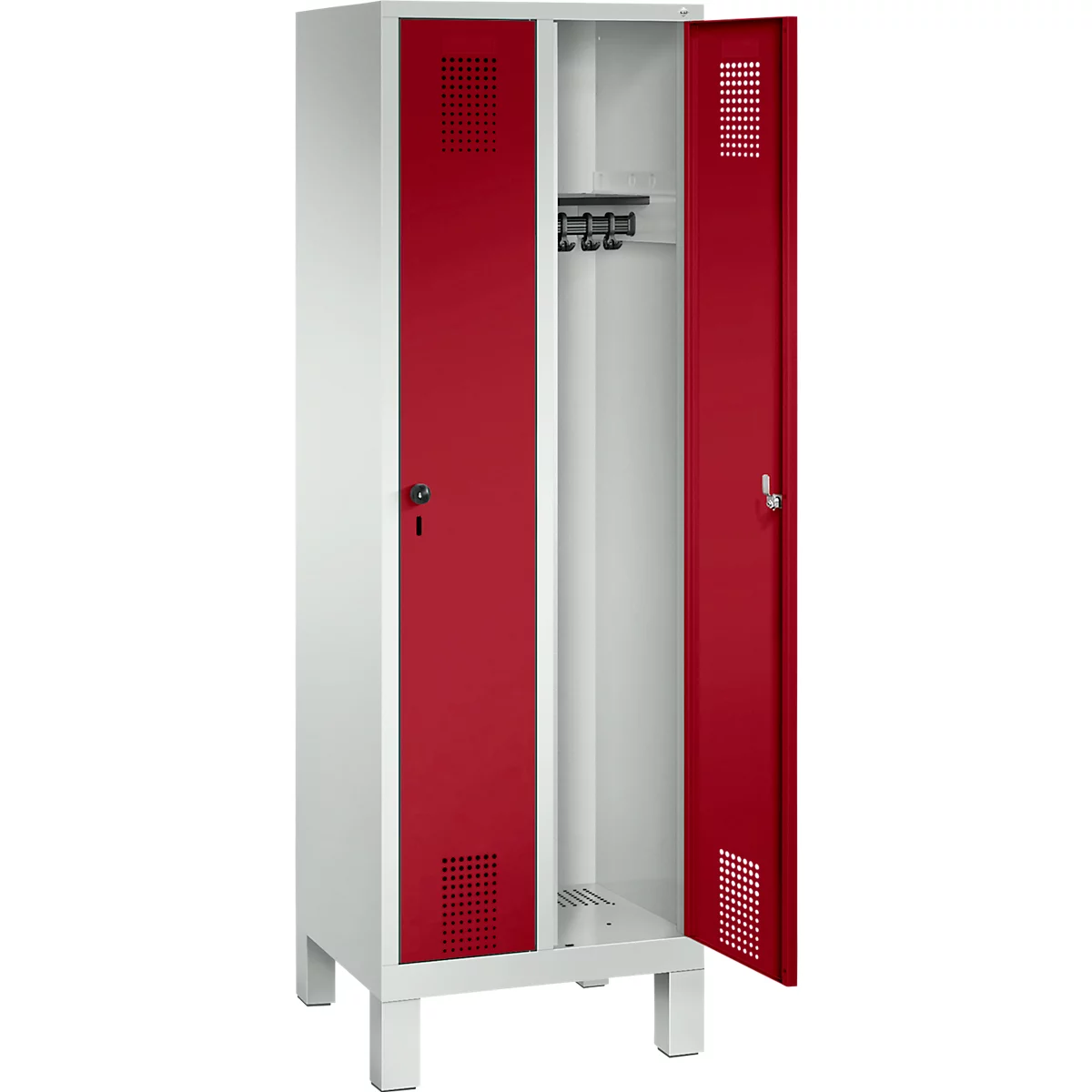 Vestiaire Evolo S 3000, acier, sur pieds, 2 compartiments, l. 300 mm chacun, serrure de sécurité à came batteuse, gris clair RAL 7035/rouge rubis RAL 3003