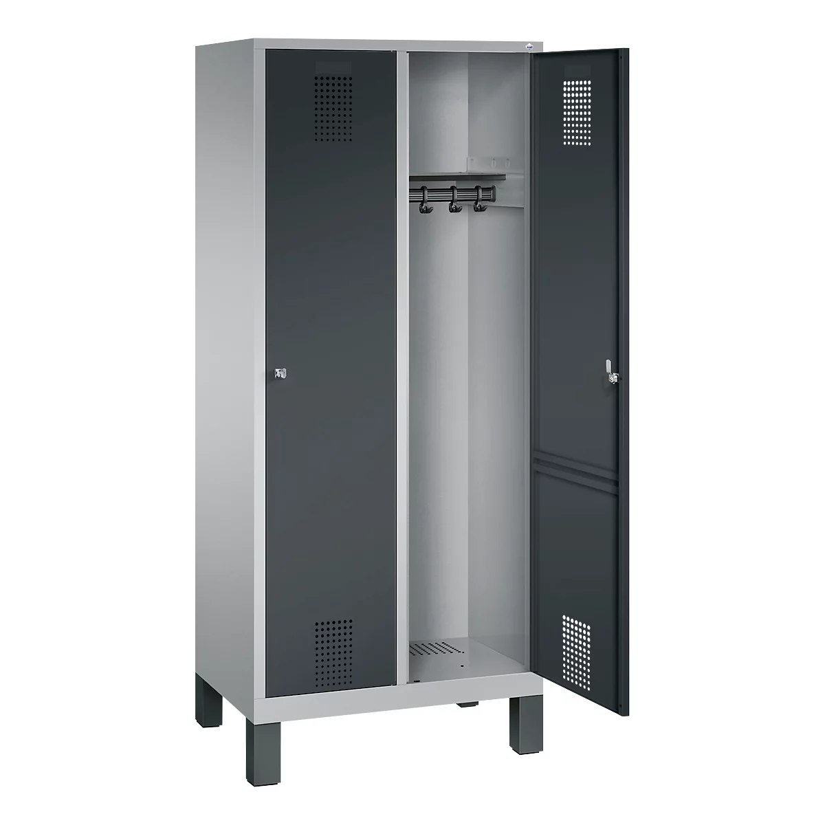 Vestiaire Evolo S 3000, acier, sur pieds, 2 compartiments, l. 400 mm chacun, serrure à cylindre, alu blanc RAL 9006/anthracite RAL 7016