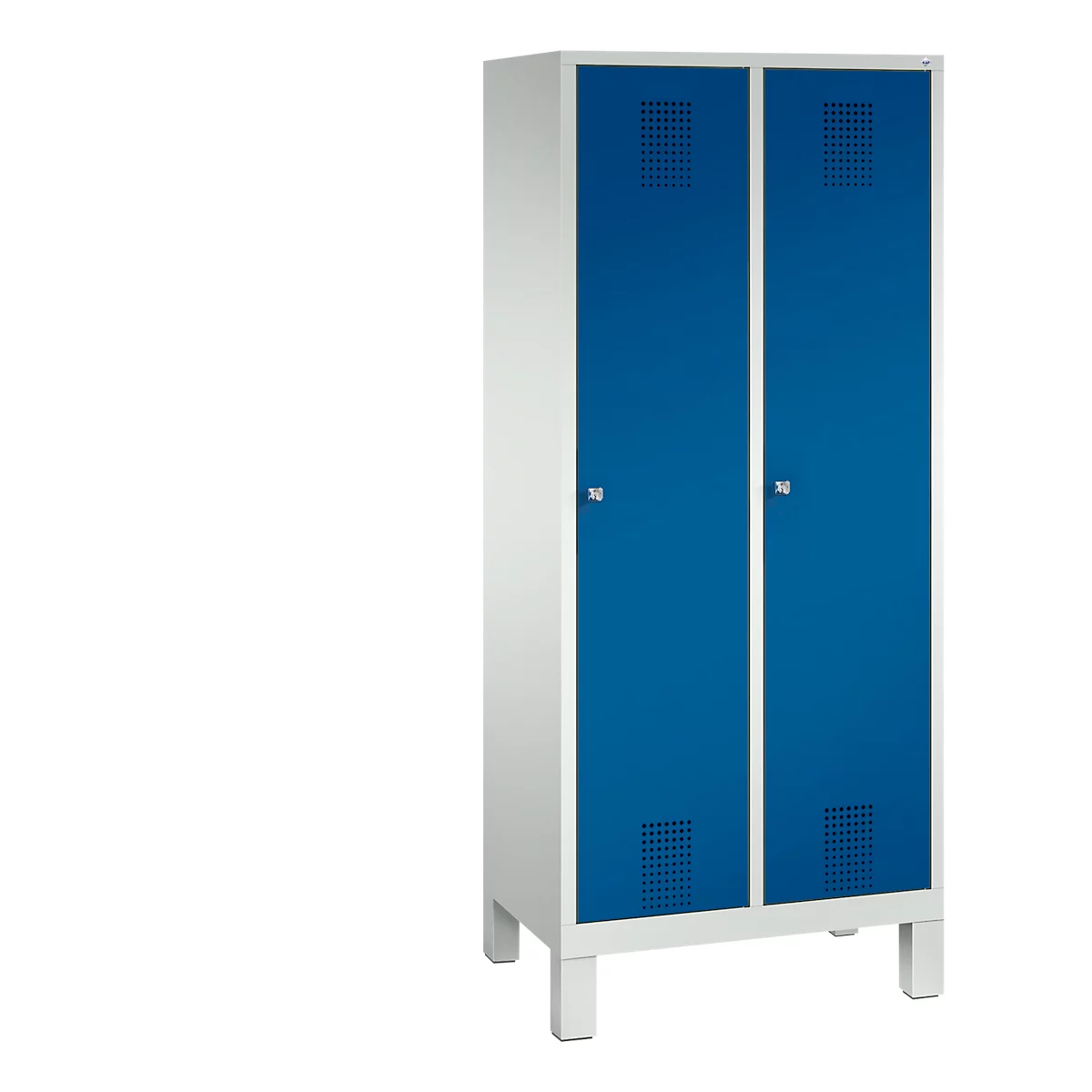 Vestiaire Evolo S 3000, acier, sur pieds, 2 compartiments, l. 400 mm chacun, serrure à cylindre, gris clair RAL 7035/bleu gentiane RAL 5010