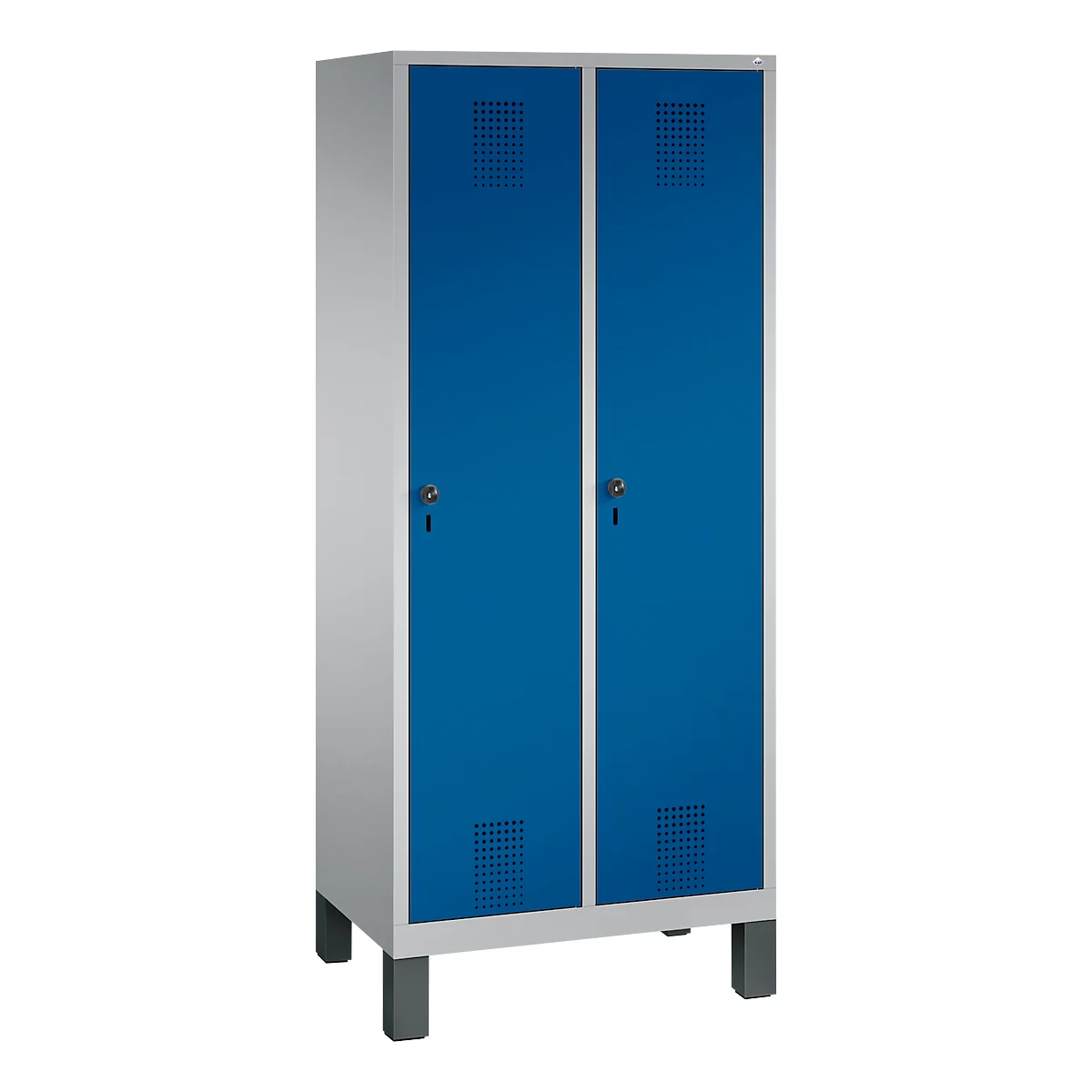Vestiaire Evolo S 3000, acier, sur pieds, 2 compartiments, l. 400 mm chacun, serrure de sécurité à came batteuse, alu blanc RAL 9006/bleu gentiane RAL 5010