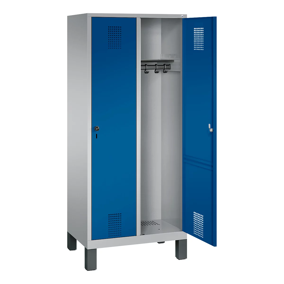 Vestiaire Evolo S 3000, acier, sur pieds, 2 compartiments, l. 400 mm chacun, serrure de sécurité à came batteuse, alu blanc RAL 9006/bleu gentiane RAL 5010