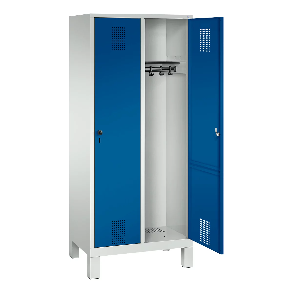 Vestiaire Evolo S 3000, acier, sur pieds, 2 compartiments, l. 400 mm chacun, serrure de sécurité à came batteuse, gris clair RAL 7035/bleu gentiane RAL 5010