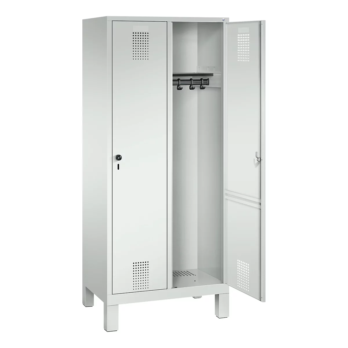Vestiaire Evolo S 3000, acier, sur pieds, 2 compartiments, l. 400 mm chacun, serrure de sécurité à came batteuse, gris clair RAL 7035/gris clair RAL 7035