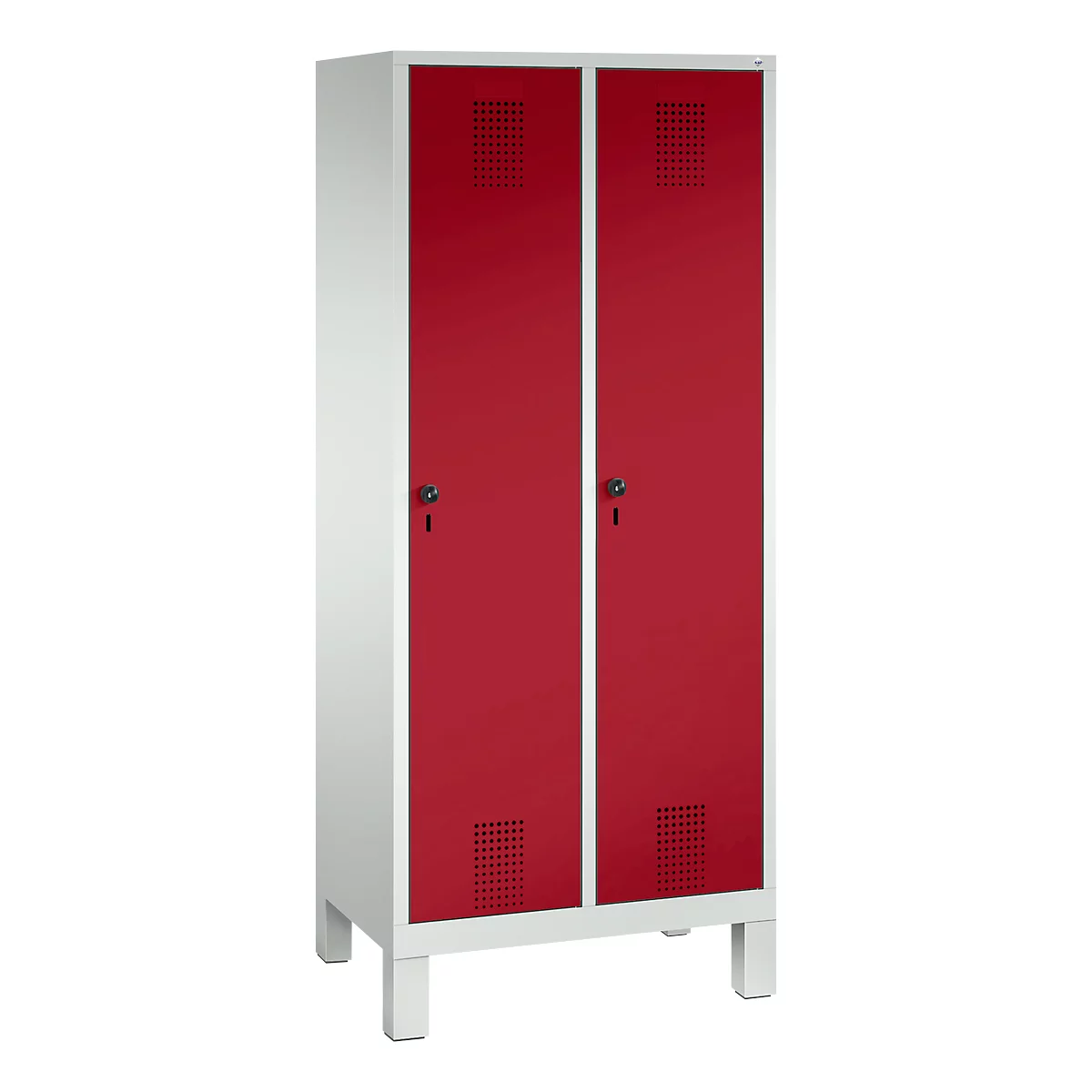 Vestiaire Evolo S 3000, acier, sur pieds, 2 compartiments, l. 400 mm chacun, serrure de sécurité à came batteuse, gris clair RAL 7035/rouge rubis RAL 3003