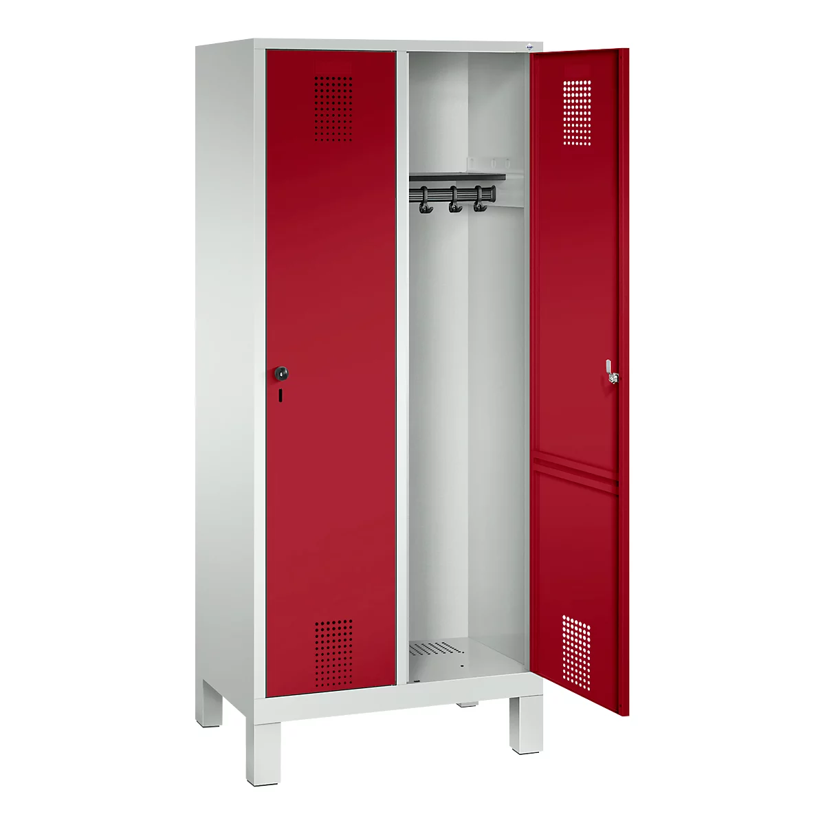 Vestiaire Evolo S 3000, acier, sur pieds, 2 compartiments, l. 400 mm chacun, serrure de sécurité à came batteuse, gris clair RAL 7035/rouge rubis RAL 3003