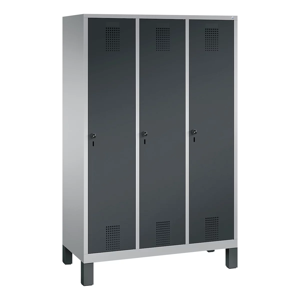 Vestiaire Evolo S 3000, acier, sur pieds, 3 compartiments, serrure de sécurité à came batteuse, alu blanc RAL 9006/anthracite RAL 7016