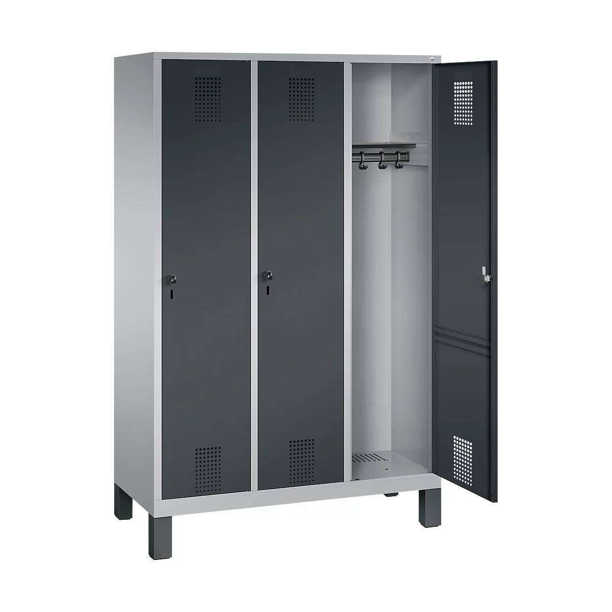 Vestiaire Evolo S 3000, acier, sur pieds, 3 compartiments, serrure de sécurité à came batteuse, alu blanc RAL 9006/anthracite RAL 7016