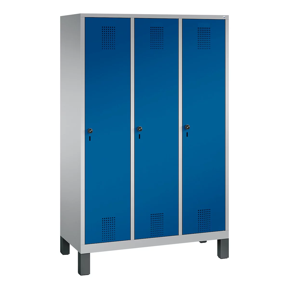 Vestiaire Evolo S 3000, acier, sur pieds, 3 compartiments, serrure de sécurité à came batteuse, alu blanc RAL 9006/bleu gentiane RAL 5010