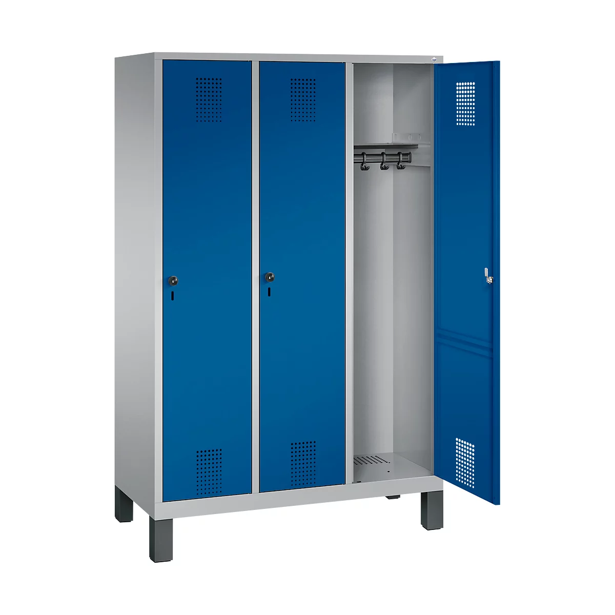 Vestiaire Evolo S 3000, acier, sur pieds, 3 compartiments, serrure de sécurité à came batteuse, alu blanc RAL 9006/bleu gentiane RAL 5010