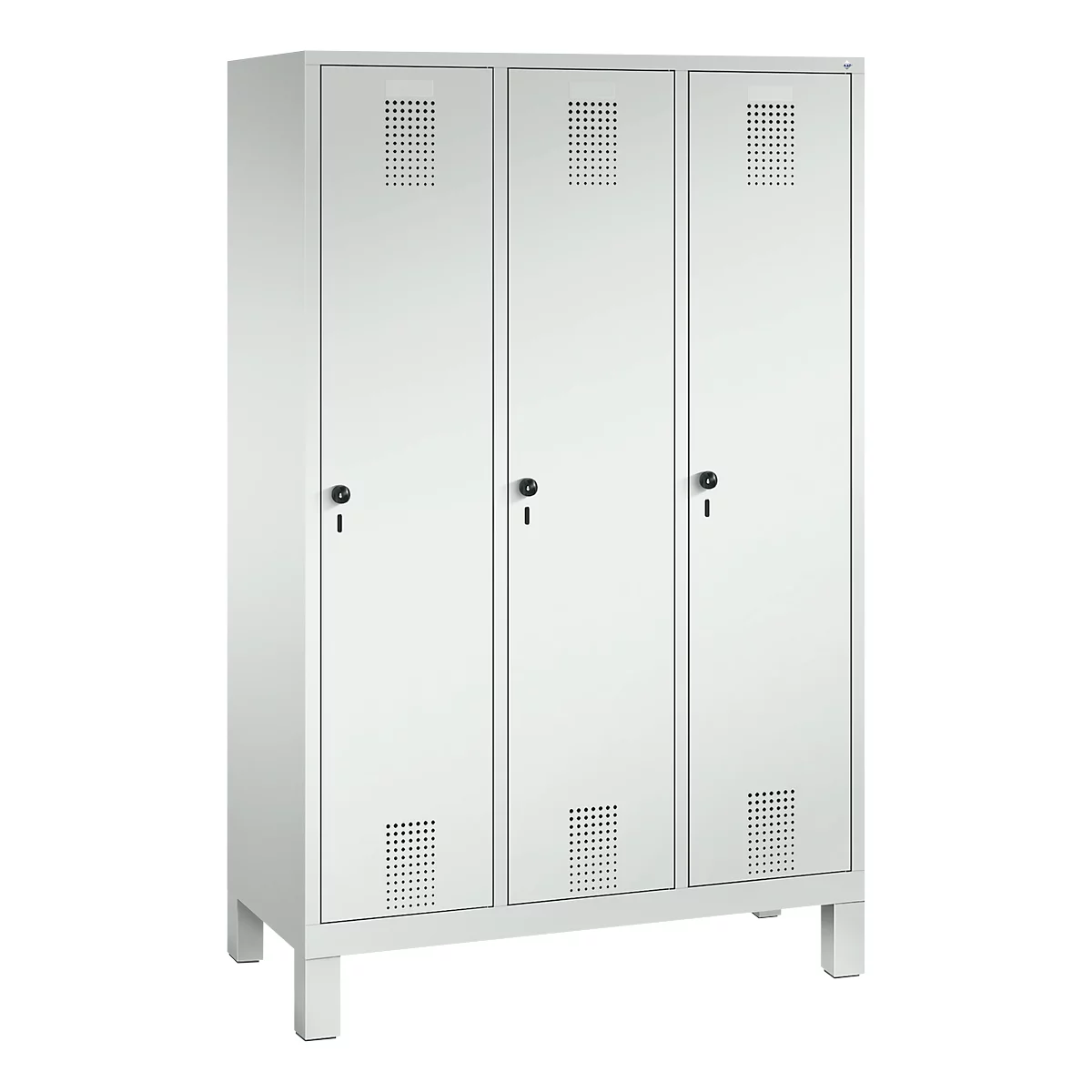 Vestiaire Evolo S 3000, acier, sur pieds, 3 compartiments, serrure de sécurité à came batteuse, gris clair RAL 7035/gris clair RAL 7035