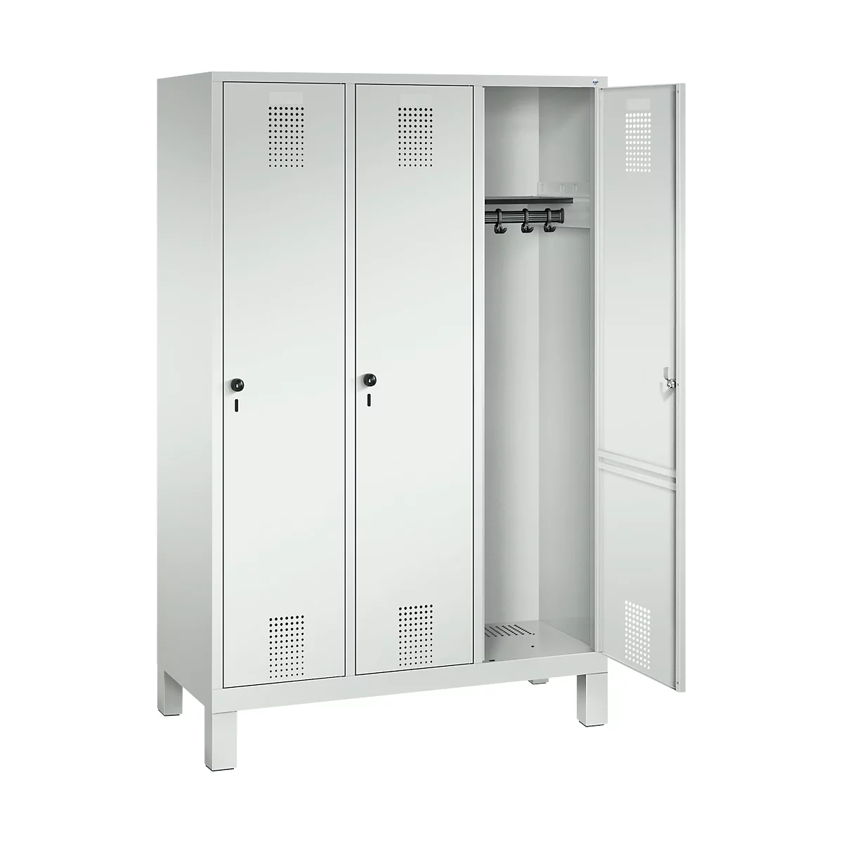 Vestiaire Evolo S 3000, acier, sur pieds, 3 compartiments, serrure de sécurité à came batteuse, gris clair RAL 7035/gris clair RAL 7035