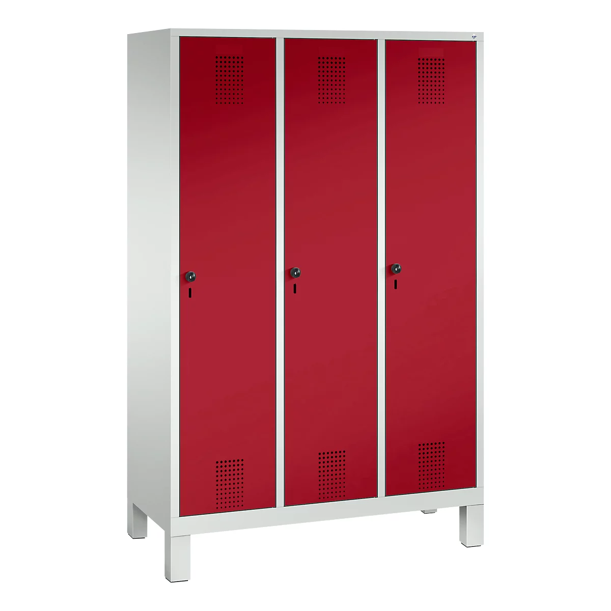 Vestiaire Evolo S 3000, acier, sur pieds, 3 compartiments, serrure de sécurité à came batteuse, gris clair RAL 7035/rouge rubis RAL 3003