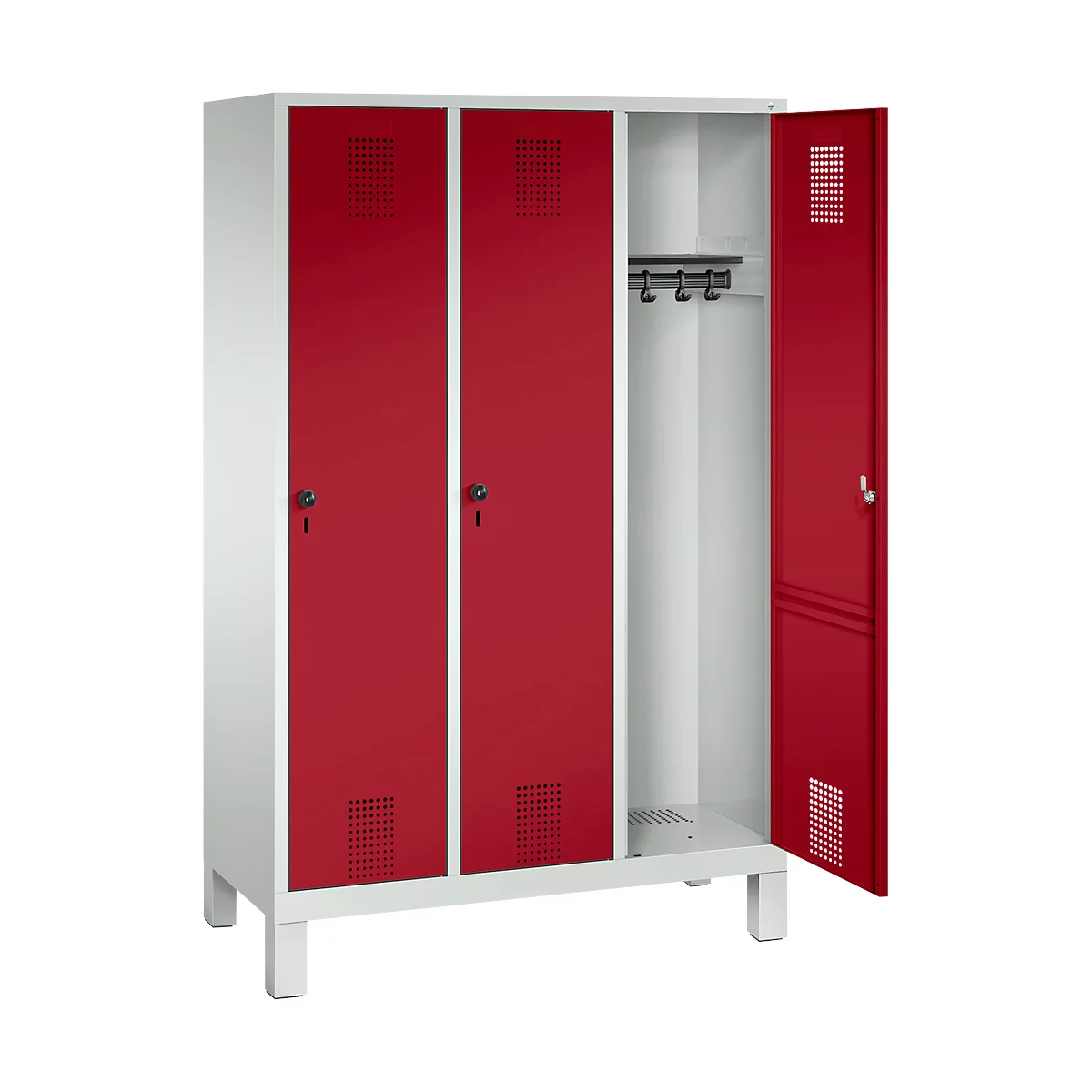 Vestiaire Evolo S 3000, acier, sur pieds, 3 compartiments, serrure de sécurité à came batteuse, gris clair RAL 7035/rouge rubis RAL 3003