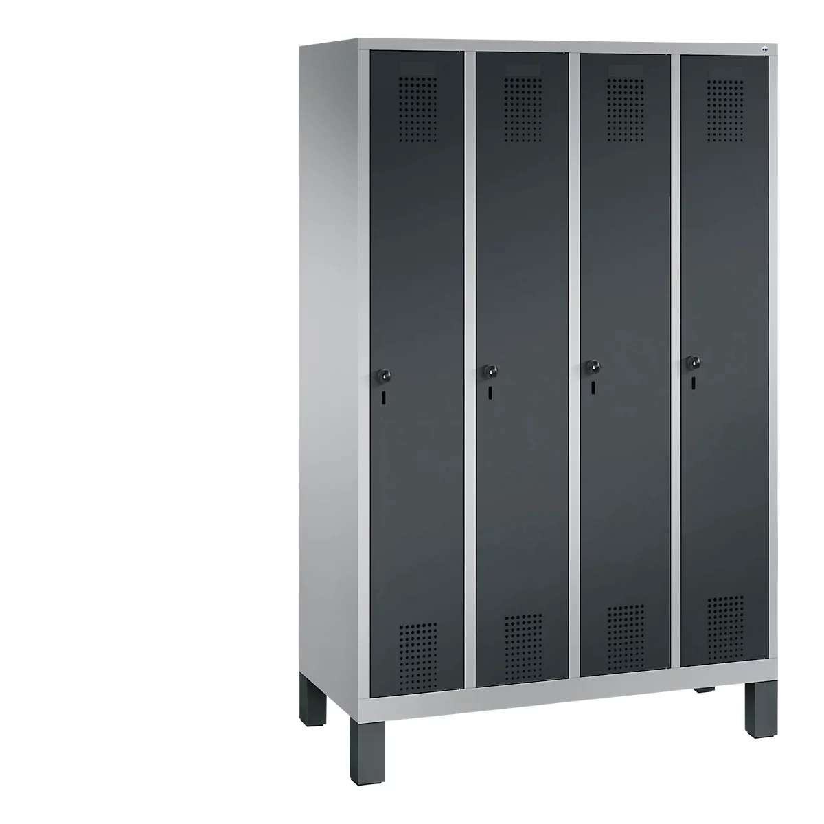 Vestiaire Evolo S 3000, acier, sur pieds, 4 compartiments, l. 300 mm chacun, came batteuse, alu blanc RAL 9006/anthracite RAL 7016