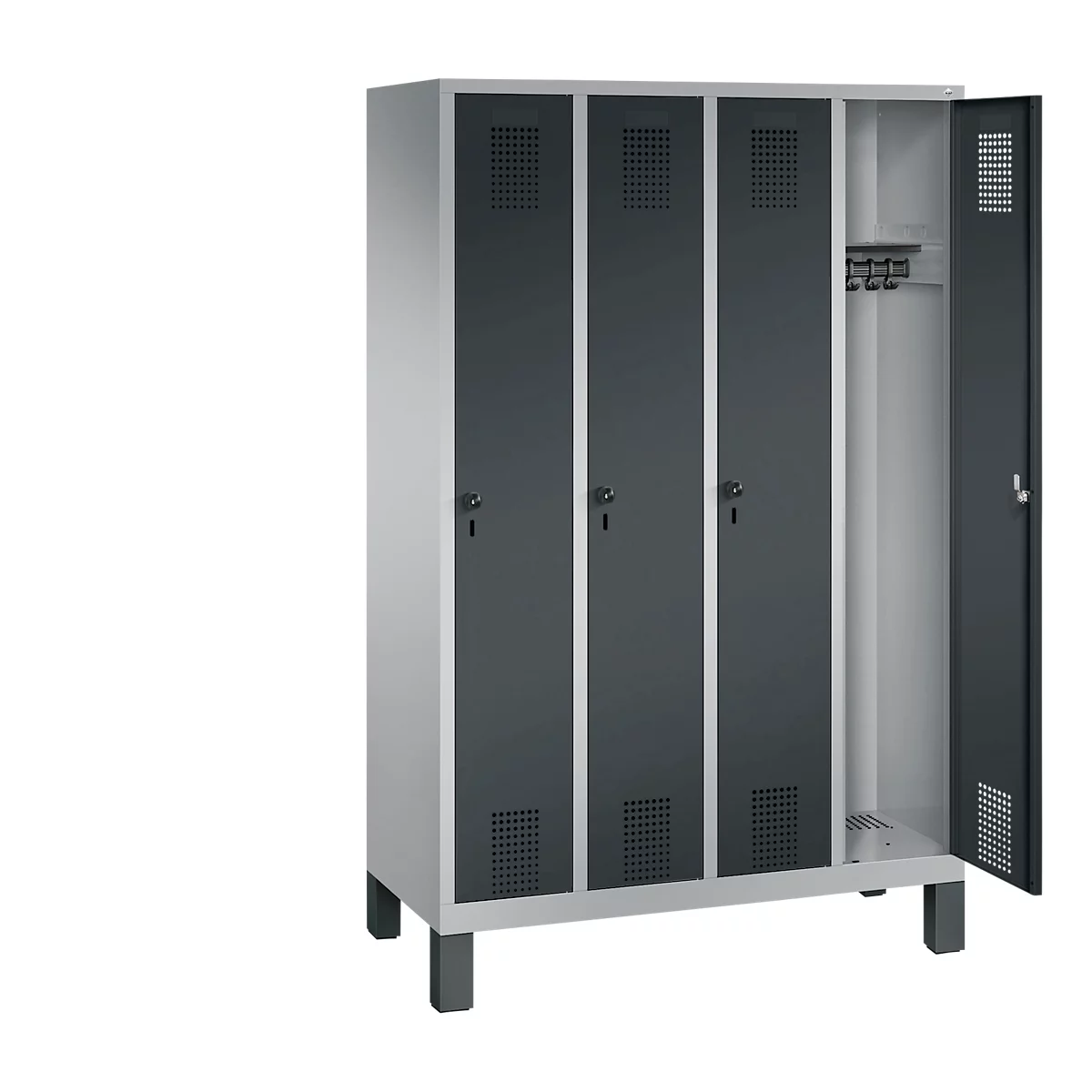Vestiaire Evolo S 3000, acier, sur pieds, 4 compartiments, l. 300 mm chacun, came batteuse, alu blanc RAL 9006/anthracite RAL 7016