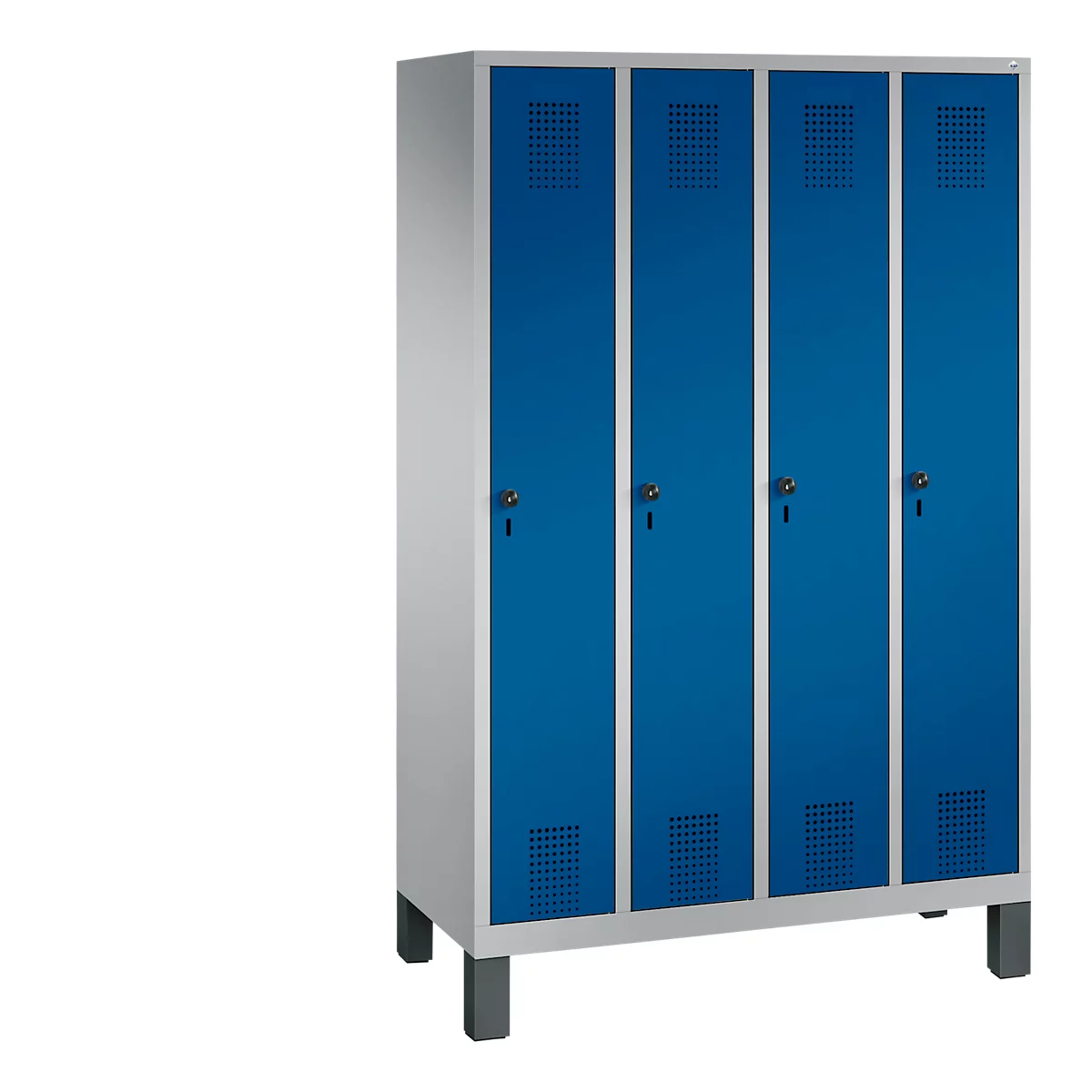 Vestiaire Evolo S 3000, acier, sur pieds, 4 compartiments, l. 300 mm chacun, came batteuse, alu blanc RAL 9006/bleu gentiane RAL 5010