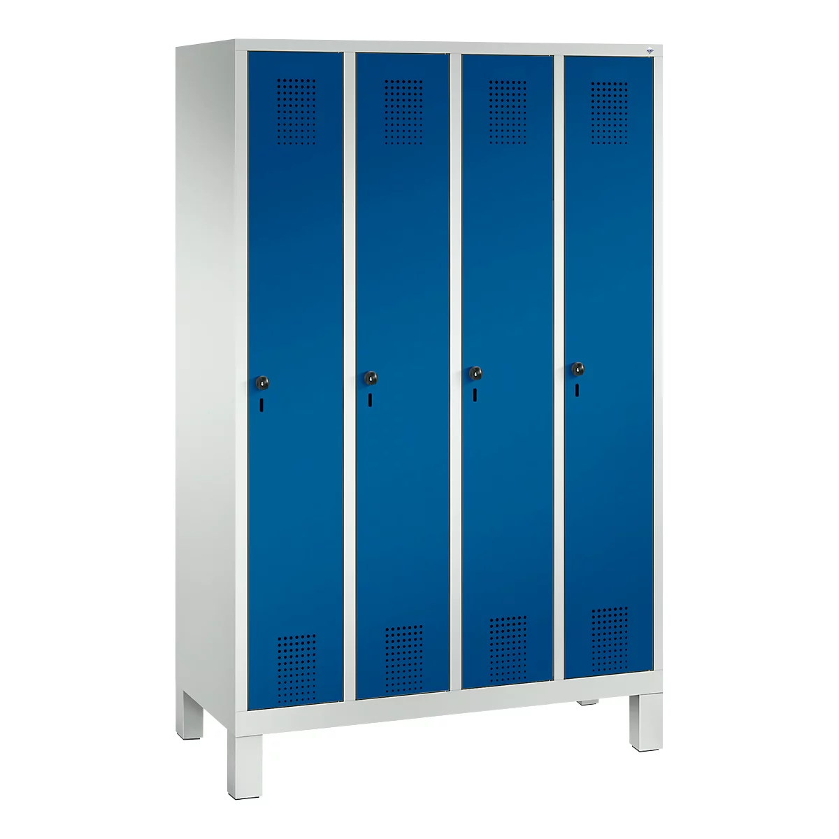 Vestiaire Evolo S 3000, acier, sur pieds, 4 compartiments, l. 300 mm chacun, came batteuse, gris clair RAL 7035/bleu gentiane RAL 5010