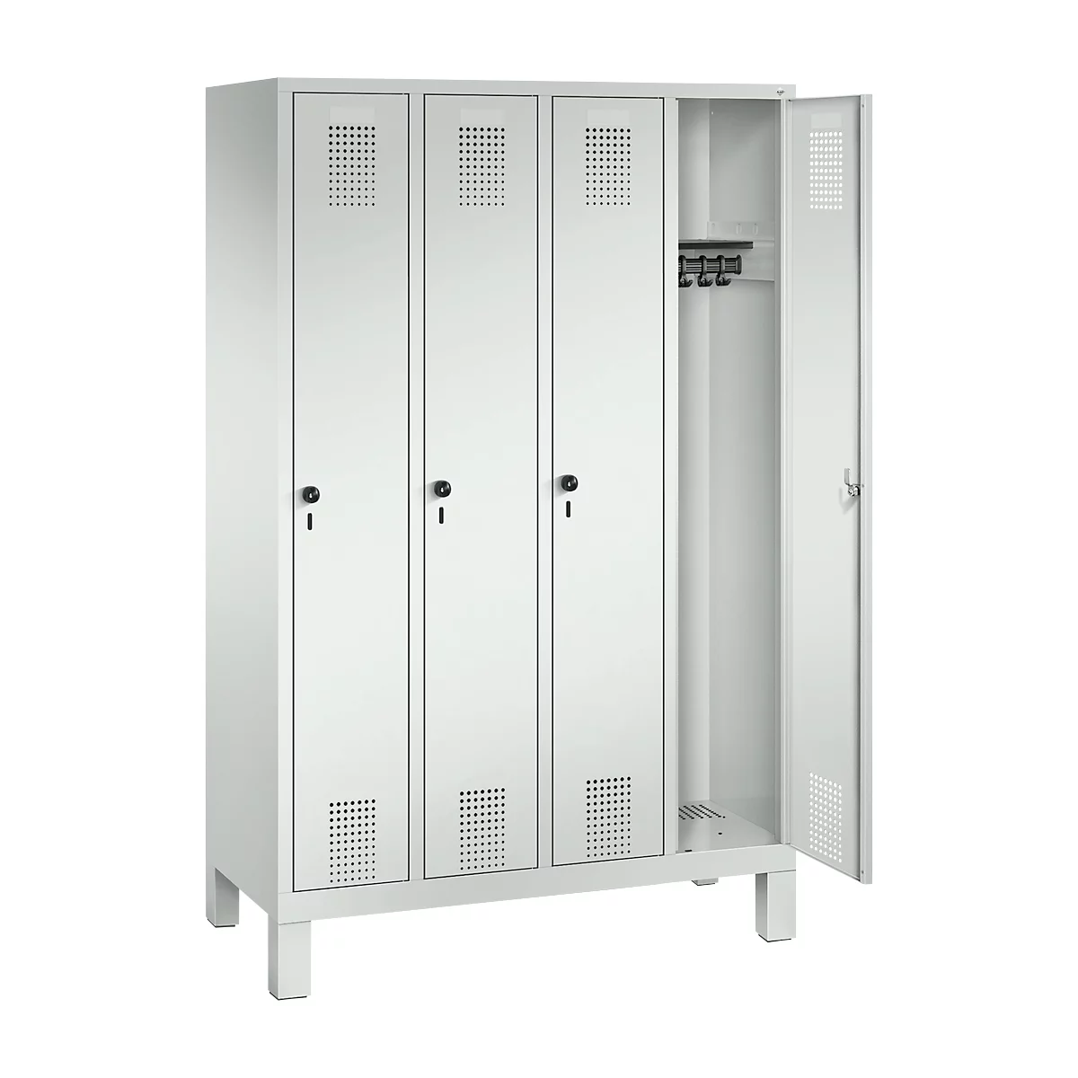 Vestiaire Evolo S 3000, acier, sur pieds, 4 compartiments, l. 300 mm chacun, came batteuse, gris clair RAL 7035/gris clair RAL 7035