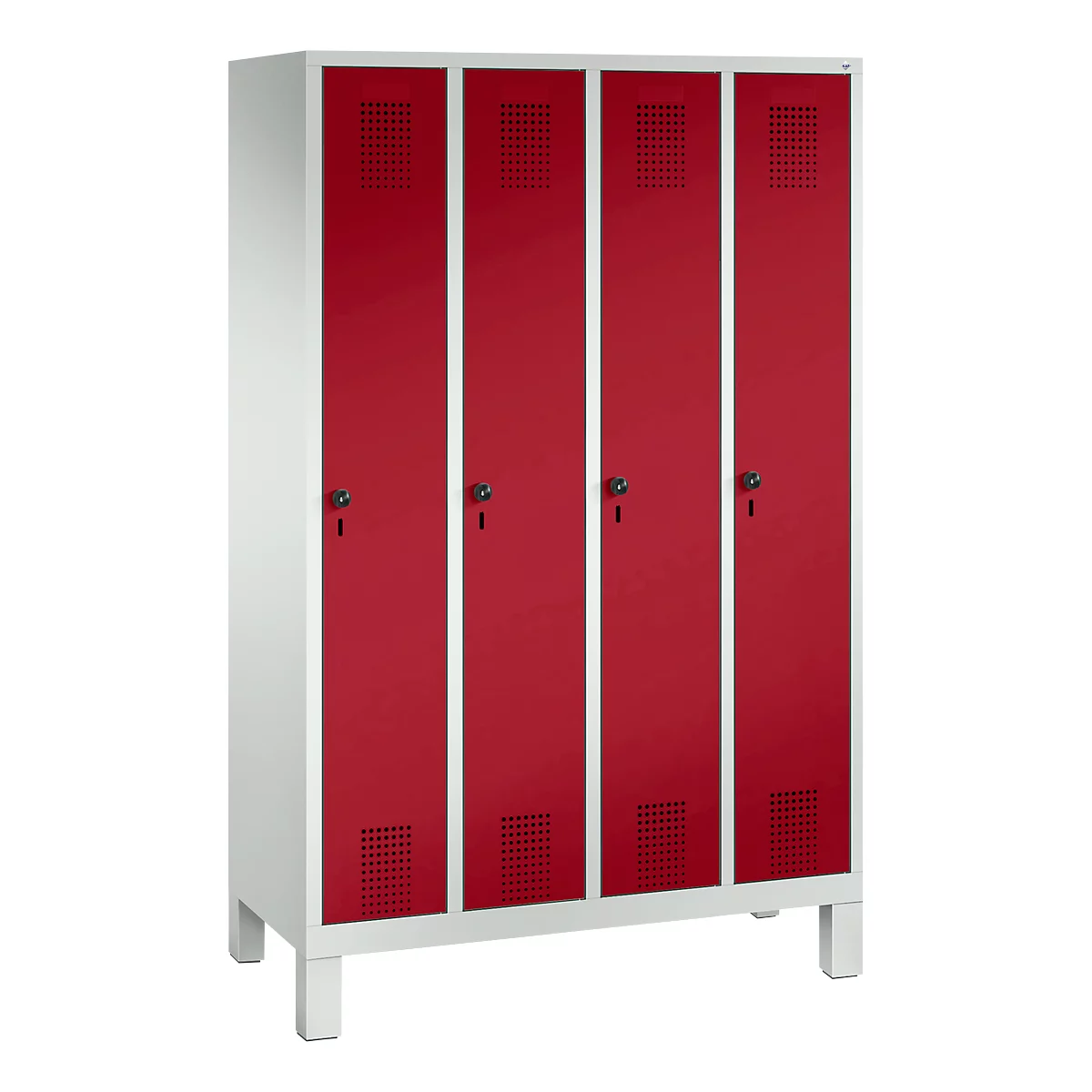 Vestiaire Evolo S 3000, acier, sur pieds, 4 compartiments, l. 300 mm chacun, came batteuse, gris clair RAL 7035/rouge rubis RAL 3003