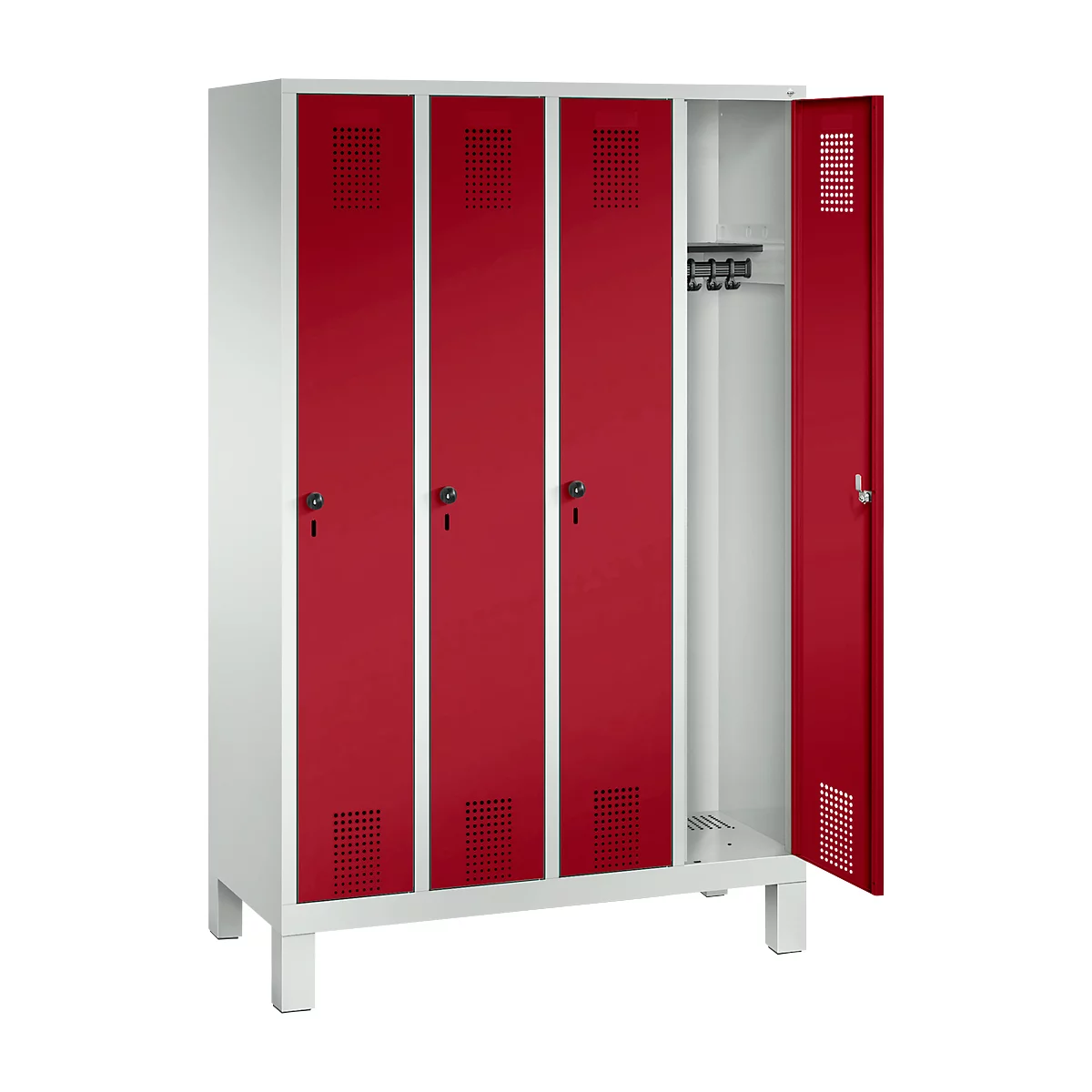 Vestiaire Evolo S 3000, acier, sur pieds, 4 compartiments, l. 300 mm chacun, came batteuse, gris clair RAL 7035/rouge rubis RAL 3003